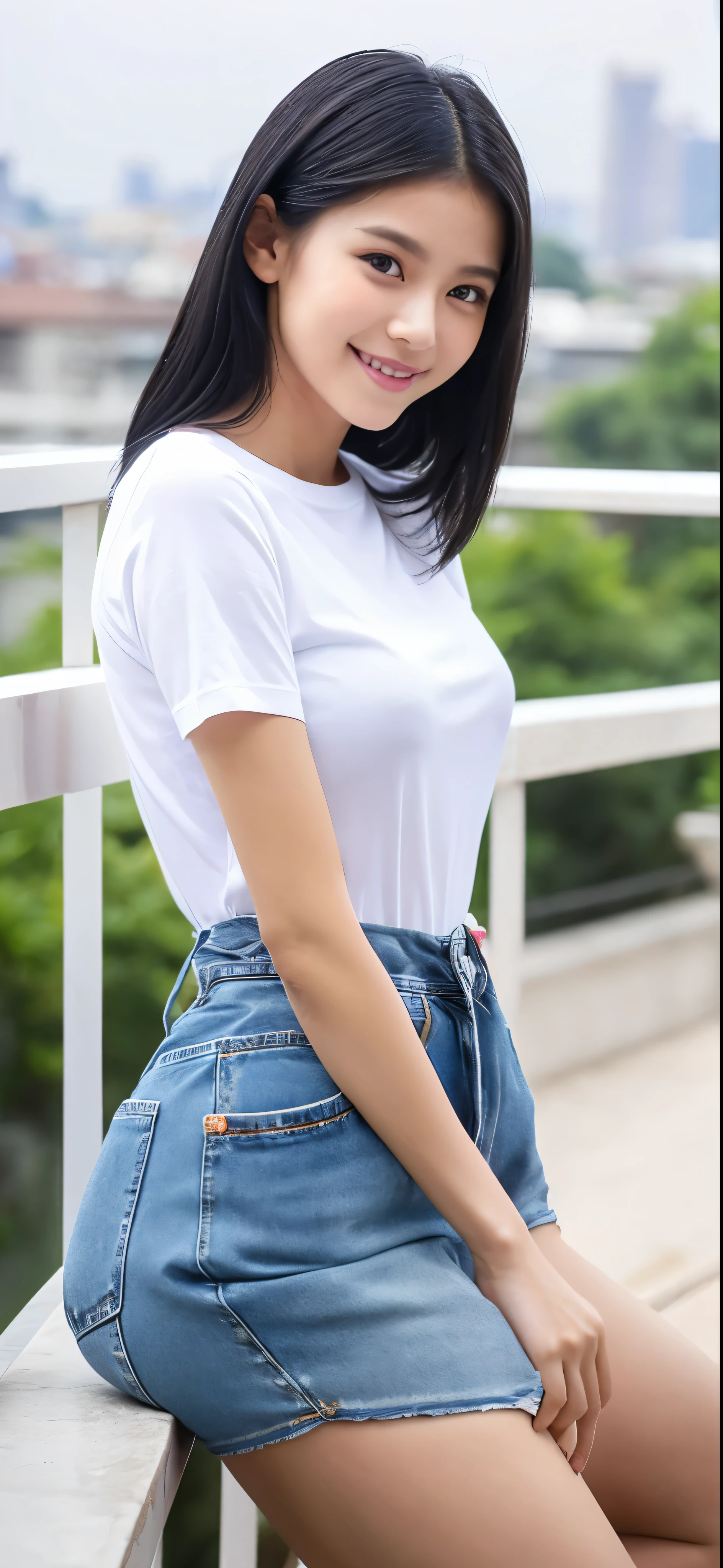 1 girl, indonesian girl, 23 years old, (black hair super-long 1 meters), (very beautiful face, very sweet, sharp eyes like an angel from heaven ), (beautiful hair), actress, smile, shiny skin, best quality, masterpiece, (photorealistic:1.4), terrace seating, asian, indonesian, jakarta, denim long skirt (realistic fabric), white short sleeves (cotton fabric), (no logo), thin fingers
