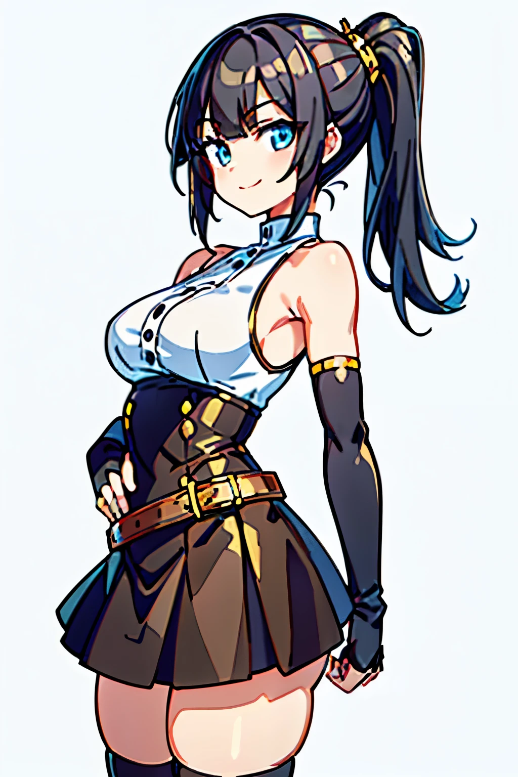 Game characters,Standing picture,Character Design,whole body,from side,from eye level,2D RPG characters,illustration,((white background)),solid color background,((simple background)),
anatomically correct, (masterpiece), highest quality, (sharp details), detailed eyes,expressive eyes, ((Improve)).
anime,,intense shadow,thick line,((thick outline)),black outline,
(1 girl,blue eyes,whole body,slenderな足,18-year-old,straight hair,low ponytail,short ponytail,simple hairstyle,black hair,medium breasts,slender,),
(white blouse,Gold fittings,No sleeve,bare shoulders),(Black arm cover,gauntlet,金属のgauntlet,glove),(The leather corsets),(brown leather belt,Brown fabric mini skirt,Brown skirt,thick skirt),(black knee socks),(brown boots),(simple clothes,),
(smile,Are standing,whole body,Fit all hair on screen,)