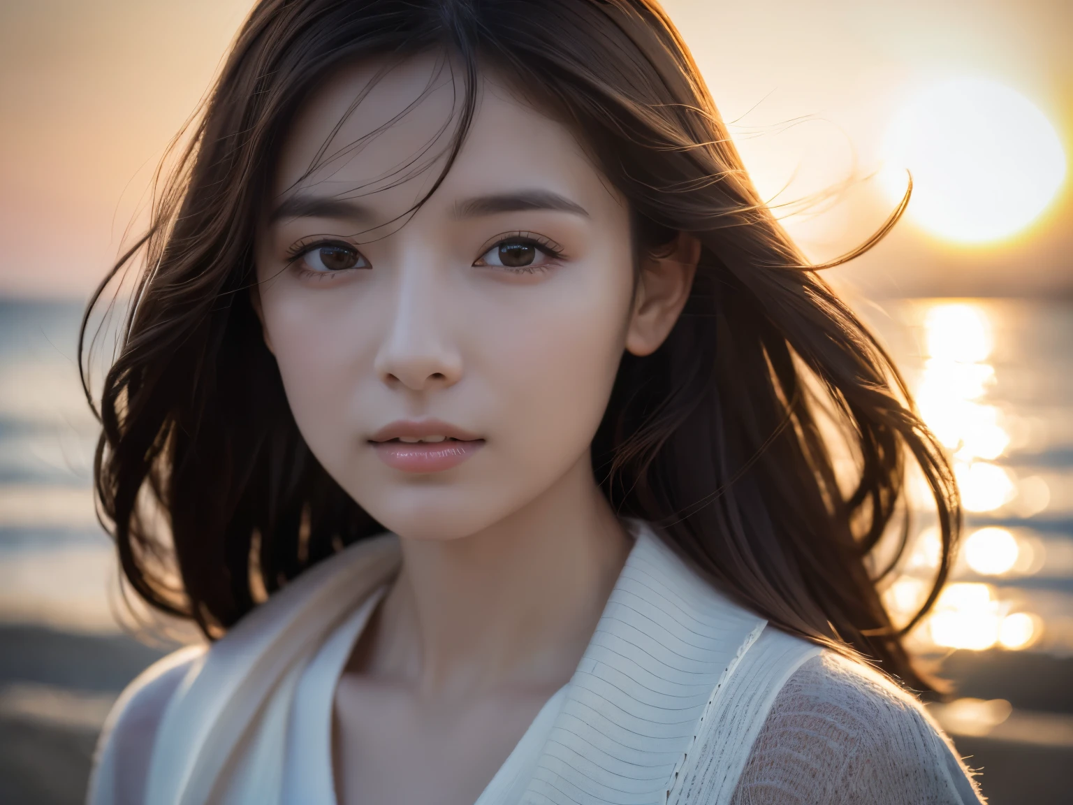 As her dark hair sways gently in the wind, framing her delicate features, she stands on the sunset beach, With a reverent demeanor, she gazes towards the horizon, as though silently praying to the ocean and the setting sun, The depth of field and natural shading heighten the realism of the scene, capturing the essence of a woman in harmony with nature, her soul intertwined with the rhythm of the waves and the colors of the sky、(knitwear)、(top-quality,masterpiece:1.3, Super high resolution), (ultra-detailliert,Caustics),(Photorealsitic:1.4,RAW shooting,)Ultra-realistic capture, A highly detailed, high-definition 16K for human skin、 Skin texture is natural、The skin looks healthy with an even tone、 Use natural light and color, One Woman, Japanese, kawaii, A dark-haired, Middle hair, (depth of fields、chromatic abberation、Wide range of lighting、Natural Shading)、(Hair swaying in the wind:1.2)、