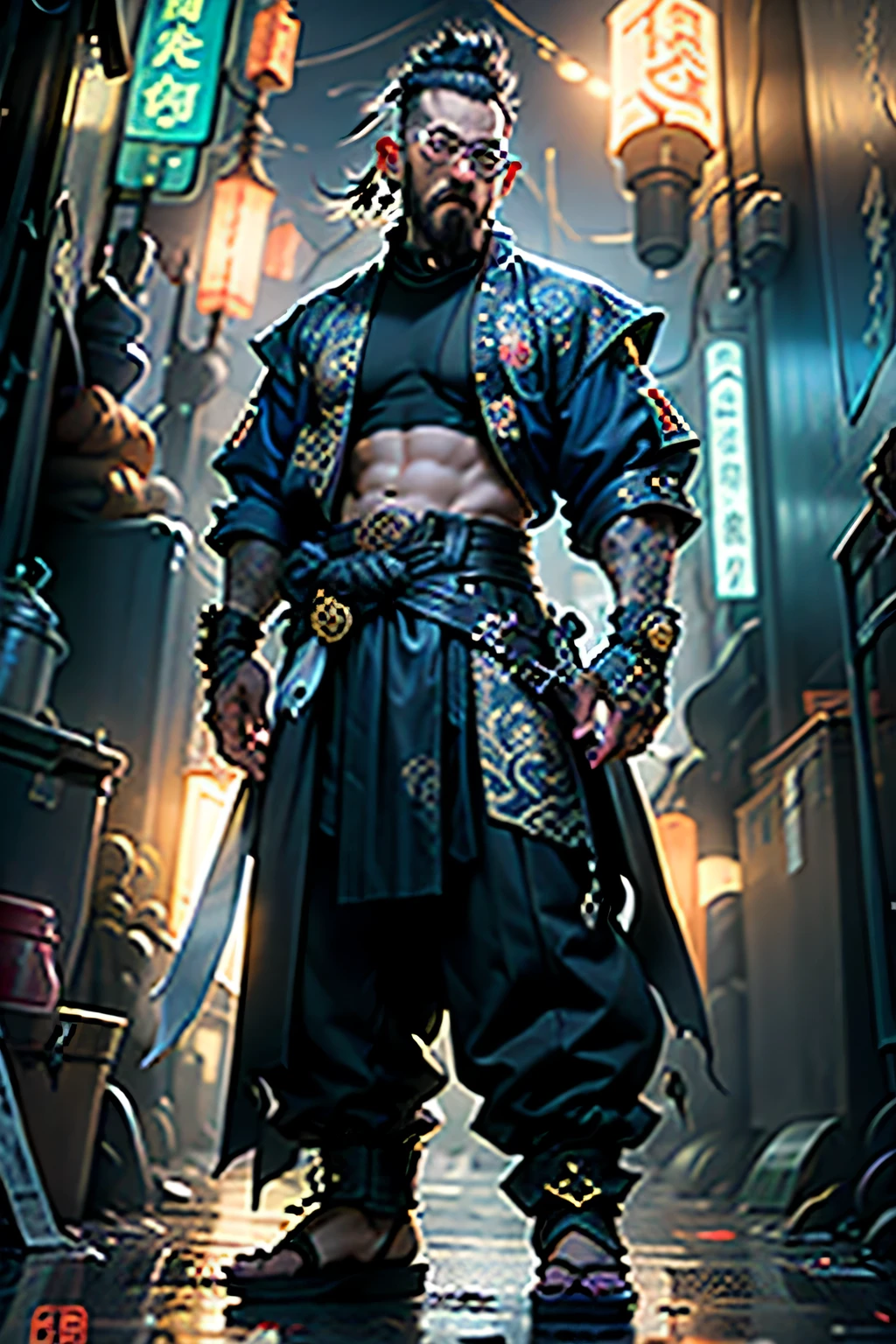 cyberpunk style，Ming dynasty brocade guard，dark night