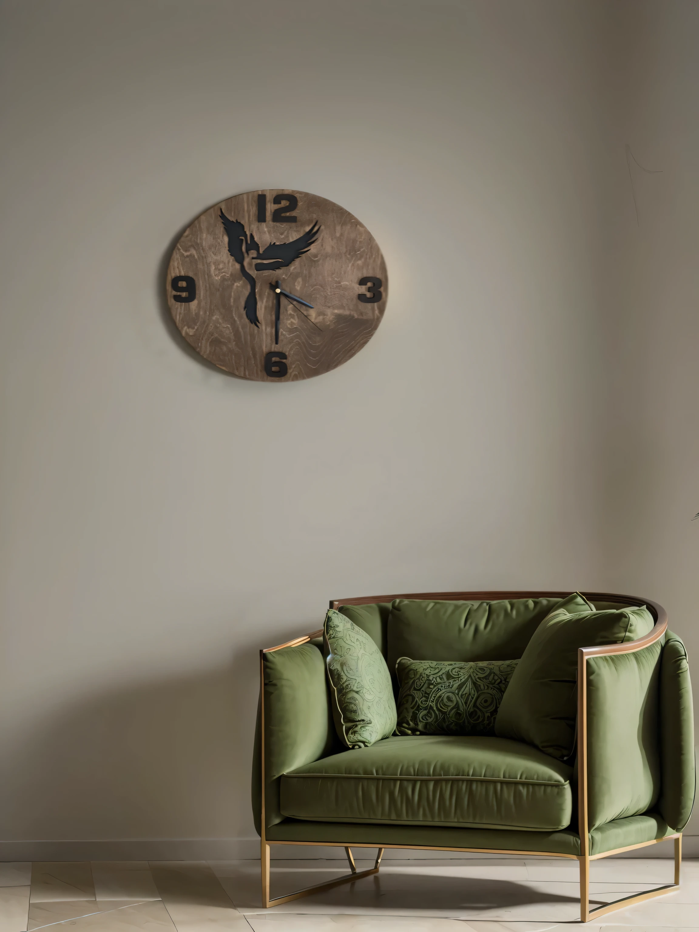 Wide Korcinev armchair in Art Nouveau style, urban, Big, there are two pillows on the chair, green and light green, Credo brown, soft, volumetric chair, really,detailed, суперhigh quality, суперdetailed, high quality, minimalism