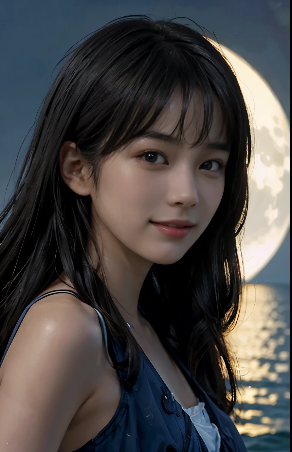  (Ultra Realistic), (Illustration), (Increased Resolution), (8K), (Extremely Detailed), (Best Illustration), (Beautiful and Detailed Eyes), (Best Quality), (Ultra Detailed), (Masterpiece ), ( wallpaper), (detailed face), solo, 1 girl, fine details, detailed face, deep shadows, low key, pureerosfaceace_v1, smiling, long hair, 46 points oblique bangs,full of sweat, slender body, Plump chest, long hair,inner colored,solo,Girl in simple bikini, smile, ocean at night, moon