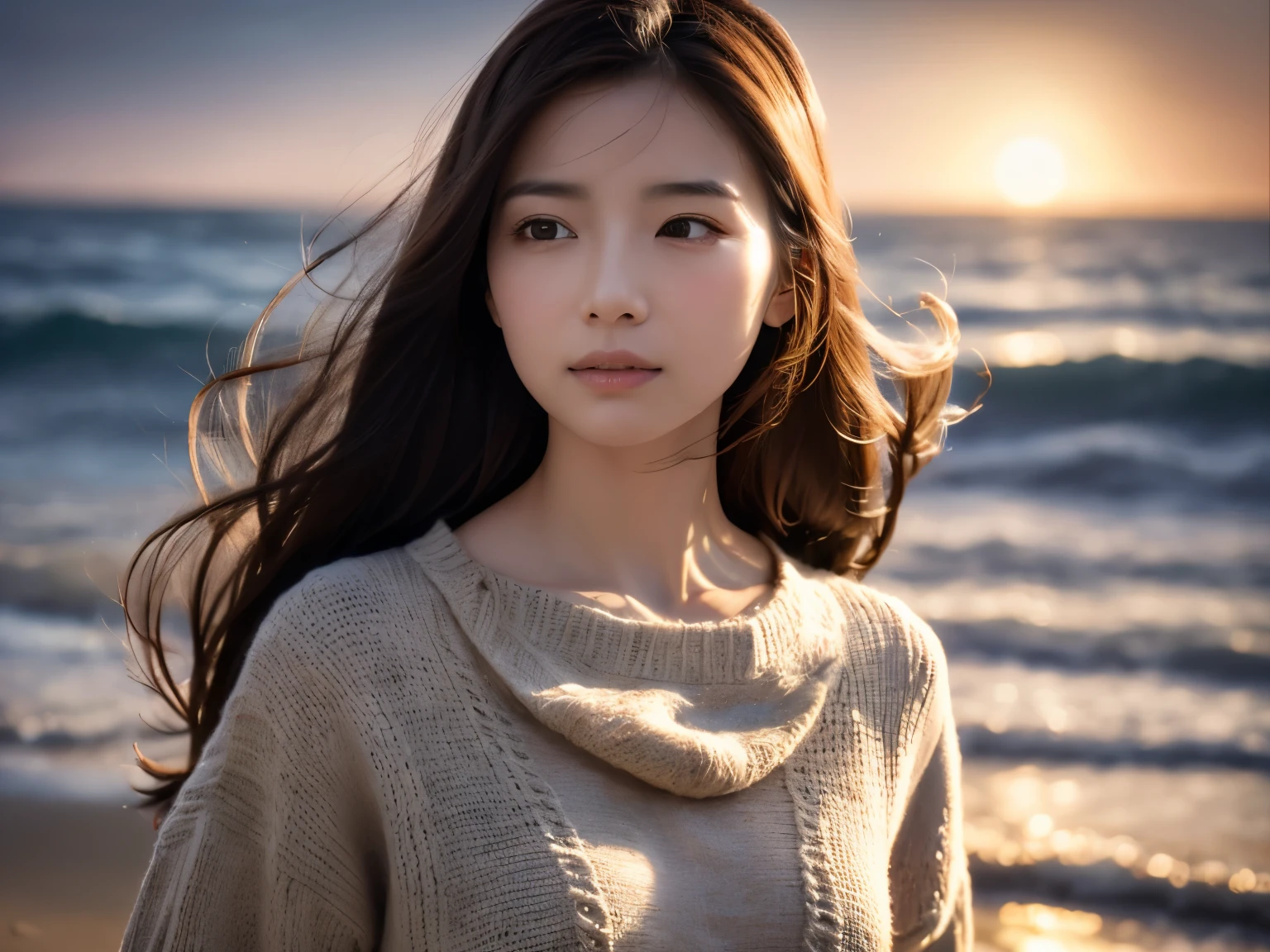 Her hair, dark and flowing, moves gently in the breeze, framing her delicate face as she stands on the beach at sunset, With a reverent air, she looks out towards the horizon, as if silently communicating with the ocean and the sinking sun, The depth of the scene and the natural play of light and shadow enhance its realism, portraying a woman perfectly in tune with the natural world, her essence interwoven with the ebb and flow of the waves and the ever-changing hues of the sky, (knitwear)、(top-quality,masterpiece:1.3, Super high resolution), (ultra-detailliert,Caustics),(Photorealsitic:1.4,RAW shooting,)Ultra-realistic capture, A highly detailed, high-definition 16K for human skin、 Skin texture is natural、The skin looks healthy with an even tone、 Use natural light and color, One Woman, Japanese, kawaii, A dark-haired, Middle hair, (depth of fields、chromatic abberation、Wide range of lighting、Natural Shading)、(Hair swaying in the wind:1.2)、