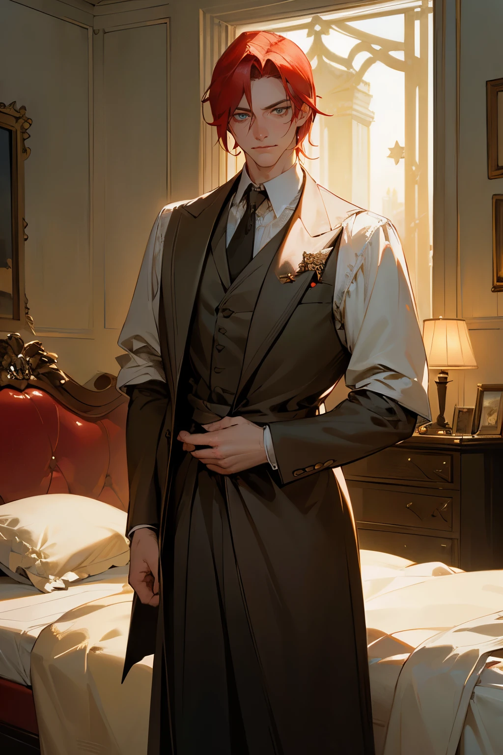 Masterpiece, Best quality, Realistic, 1 man, (elegant duke:1.3)handsome, tall, detailed, sharp eyes, Pale skin, Red hair, blue eyes, tired eyes, stars in his eyes, brash, stubborn, self-righteous, egotist, ((dark bedroom:1.2)), Clutter in the room, lots of details, ((masculine:1.2)), strong, slight smile, dtalesized light background, detailed lighting, highlights, (Sakimical Frank Franchetta, Heise Jinyao)