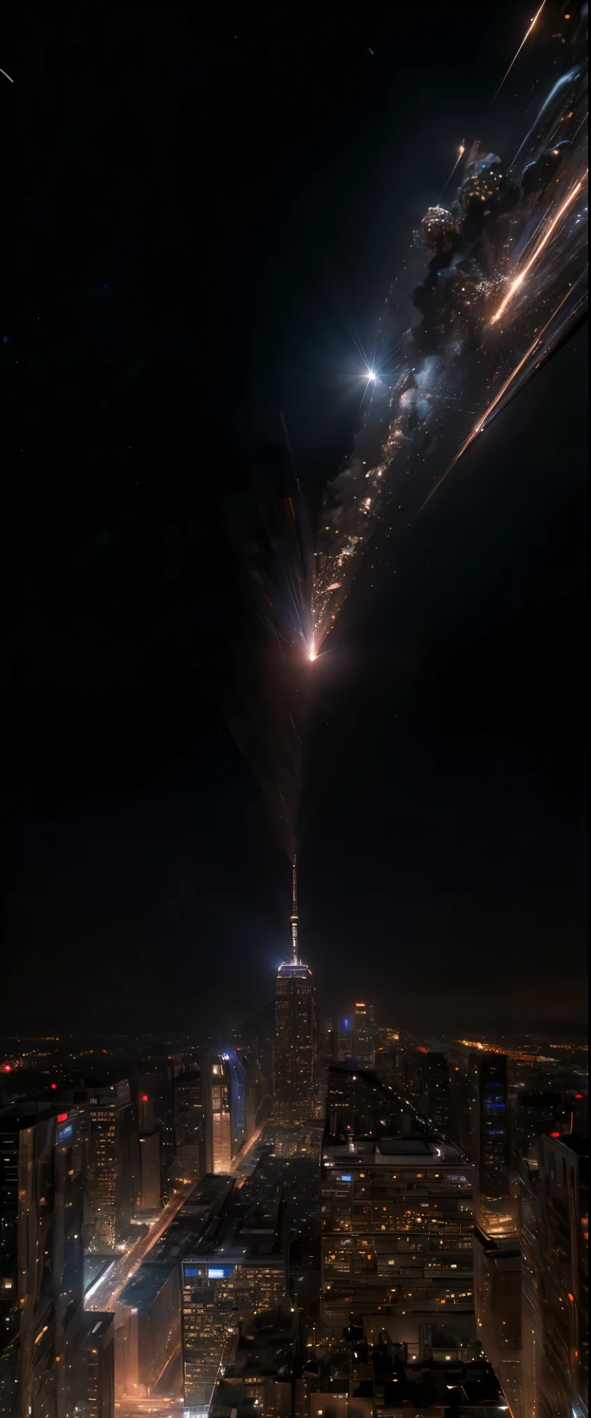 ((masterpiece, highest quality, Highest image quality, High resolution, photorealistic, Raw photo, 8K)), Meteorites rain down on the city from the night sky,