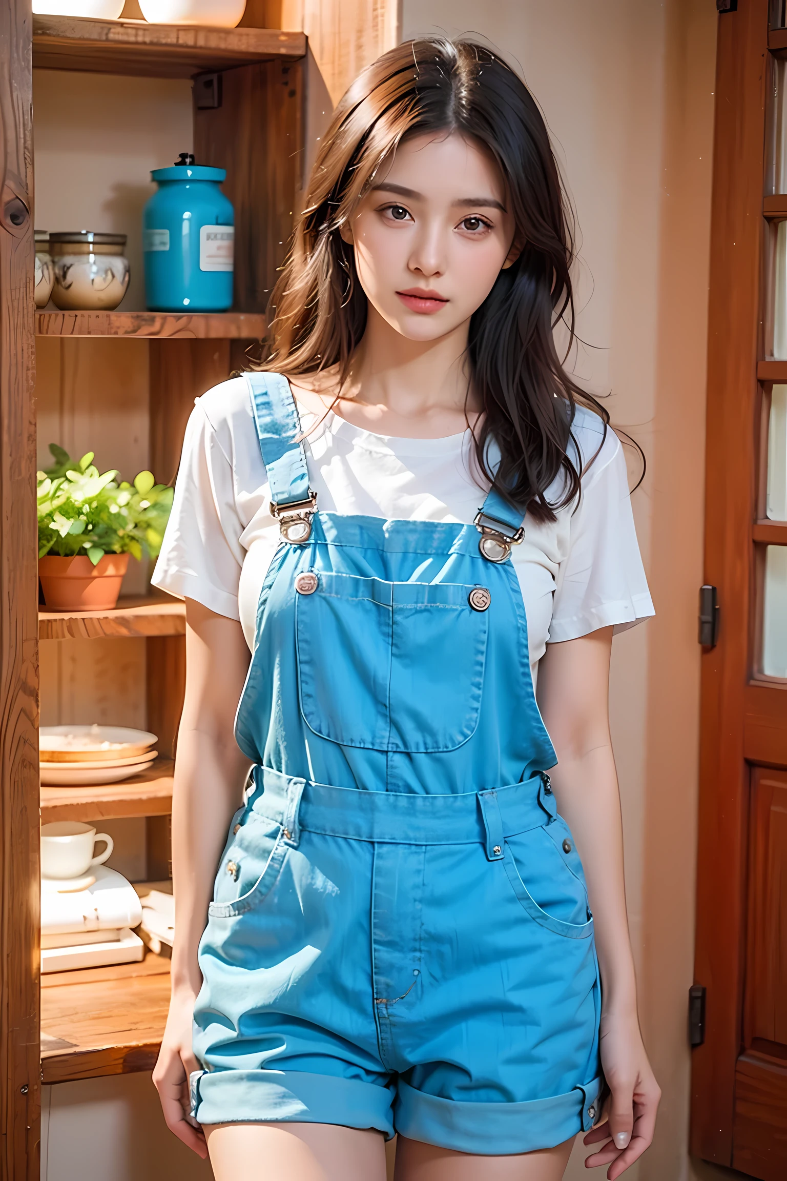 Realistic photography, 8k ,beautiful woman, cute sexy yellow overalls