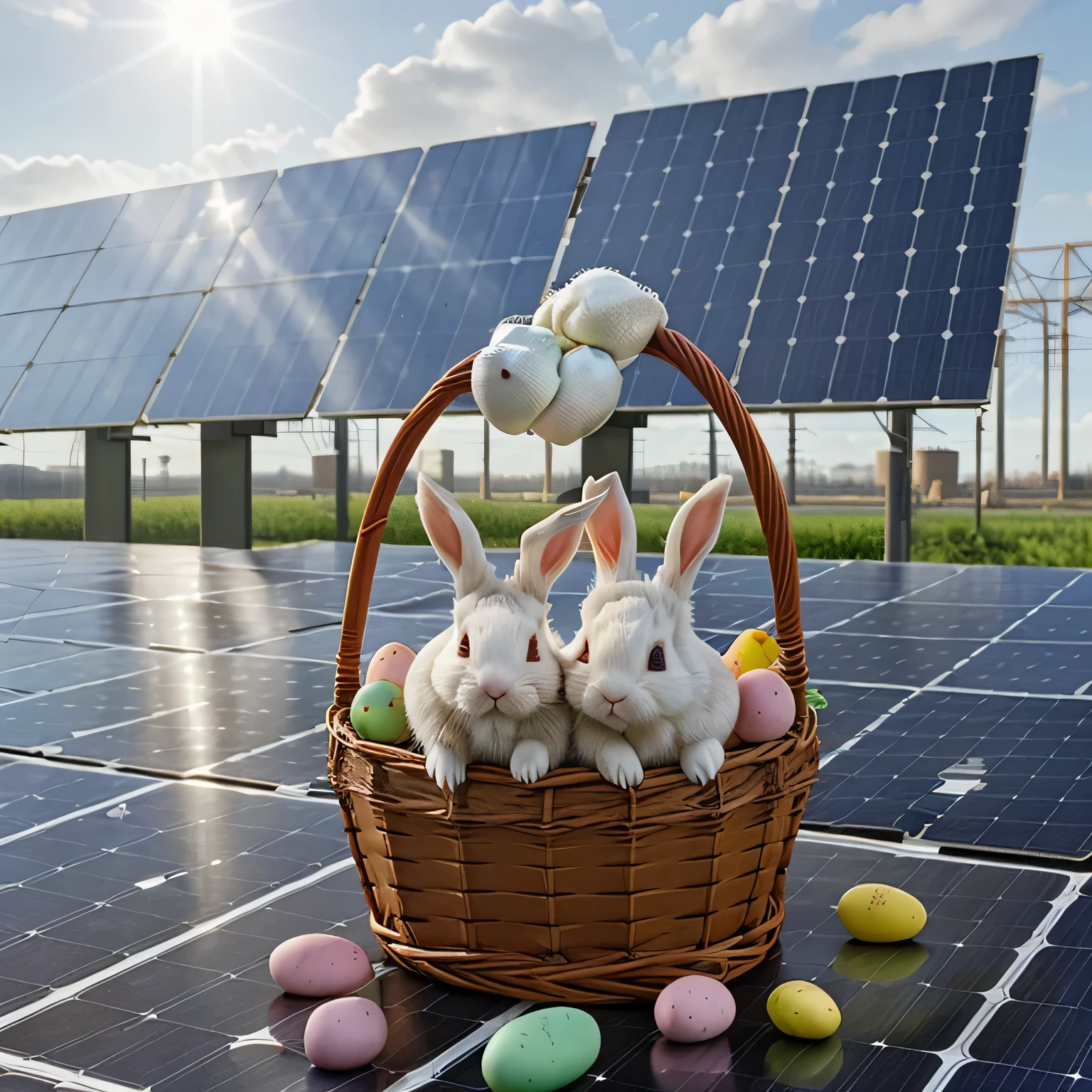 Cute bunnies in a basket with Easter eggs in the middle&#39;a photovoltaic power plant 