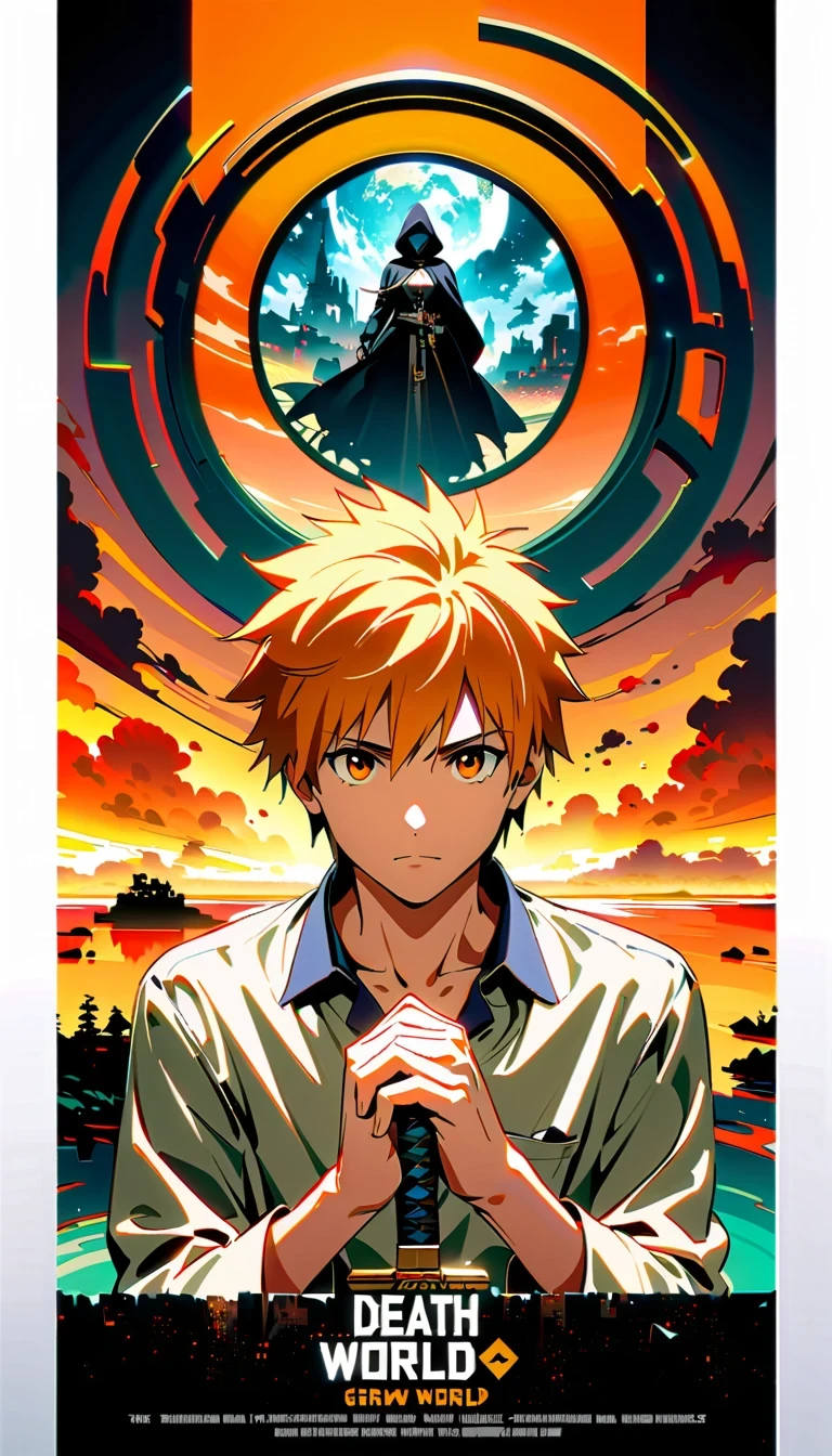 whole body, Kurosaki Ichigo, die worldview, orange hair, Grim Reaper costume, Sword holding posture, High-resolution digital art, 2.5D CGI技术, High quality details, Strength and determination, Yang Jie style, meditative rock scene, In-depth character description, 4K visual experience, Kurosaki Ichigo Characteristics, advanced art technology, world architecture perspective, Character display, aesthetic photography art, descriptive details, About the ultimate sense of reality, art style imitation, character building, Plot world description, environmental details, Character emotional expression, "die" Cultural atmosphere.