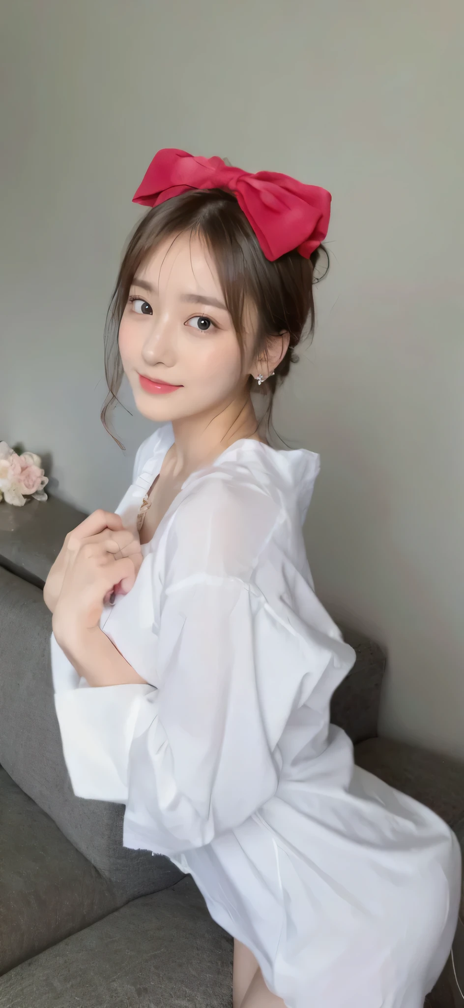 ((Masterpiece, Top image quality, High resolution、alone、skin shiny))(on the table, best quality, actual, super detailed, meticulous, High resolution, 8k wallpaper),huge breasts, Close-up portrait of a beautiful woman, like, Smile, light brown messy hair, Perfect dynamic composition, 美丽meticulous的眼睛, Just like the cover of a fashion magazine, on campus,Gorgeous costumes,hot stamping clothing,One of them is wearing a pink tulle dress,long black hair、8-year-old girl wearing pink bow hairpin sitting on the ground holding balloons,The white buds do not exceed the knees,girl'bedroom,pink girl'Room decoration。