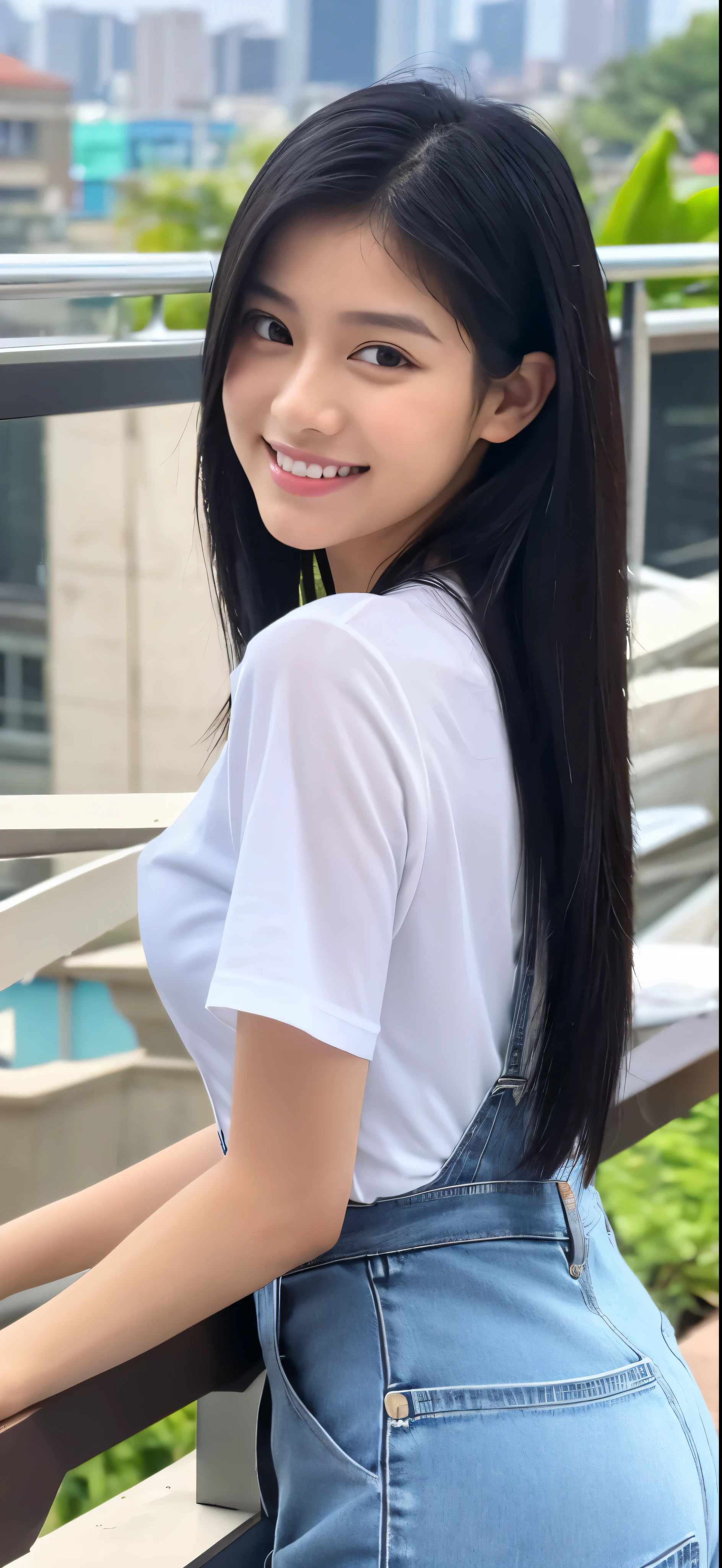 1 girl, indonesian girl, 23 years old, (black hair super-long 1 meters), (very beautiful face, very sweet, sharp eyes like an angel from heaven ), (beautiful hair), actress, smile, shiny skin, best quality, masterpiece, (photorealistic:1.4), terrace seating, asian, indonesian, jakarta, denim long skirt (realistic fabric), white short sleeves (cotton fabric), (no logo), thin fingers