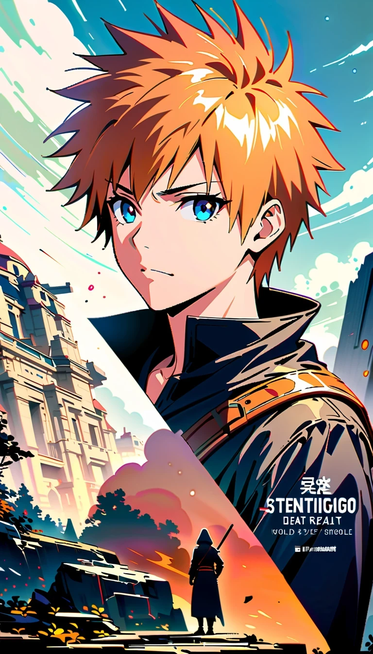 whole body, Kurosaki Ichigo, die worldview, orange hair, Grim Reaper costume, Sword holding posture, High-resolution digital art, 2.5D CGI技术, High quality details, Strength and determination, Yang Jie style, meditative rock scene, In-depth character description, 4K visual experience, Kurosaki Ichigo Characteristics, advanced art technology, world architecture perspective, Character display, aesthetic photography art, descriptive details, About the ultimate sense of reality, art style imitation, character building, Plot world description, environmental details, Character emotional expression, "die" Cultural atmosphere.