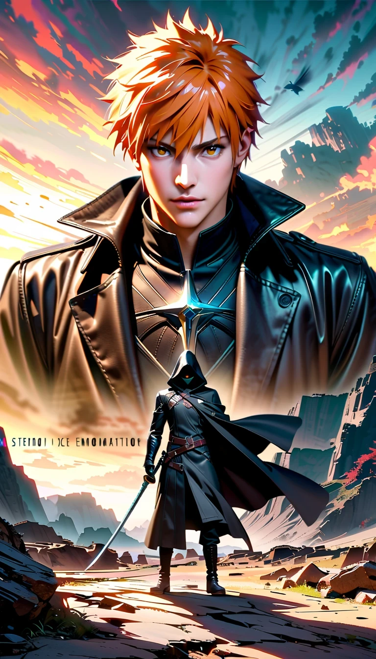 whole body, Kurosaki Ichigo, die worldview, orange hair, Grim Reaper costume, Sword holding posture, High-resolution digital art, 2.5D CGI技术, High quality details, Strength and determination, Yang Jie style, meditative rock scene, In-depth character description, 4K visual experience, Kurosaki Ichigo Characteristics, advanced art technology, world architecture perspective, Character display, aesthetic photography art, descriptive details, About the ultimate sense of reality, art style imitation, character building, Plot world description, environmental details, Character emotional expression, "die" Cultural atmosphere.