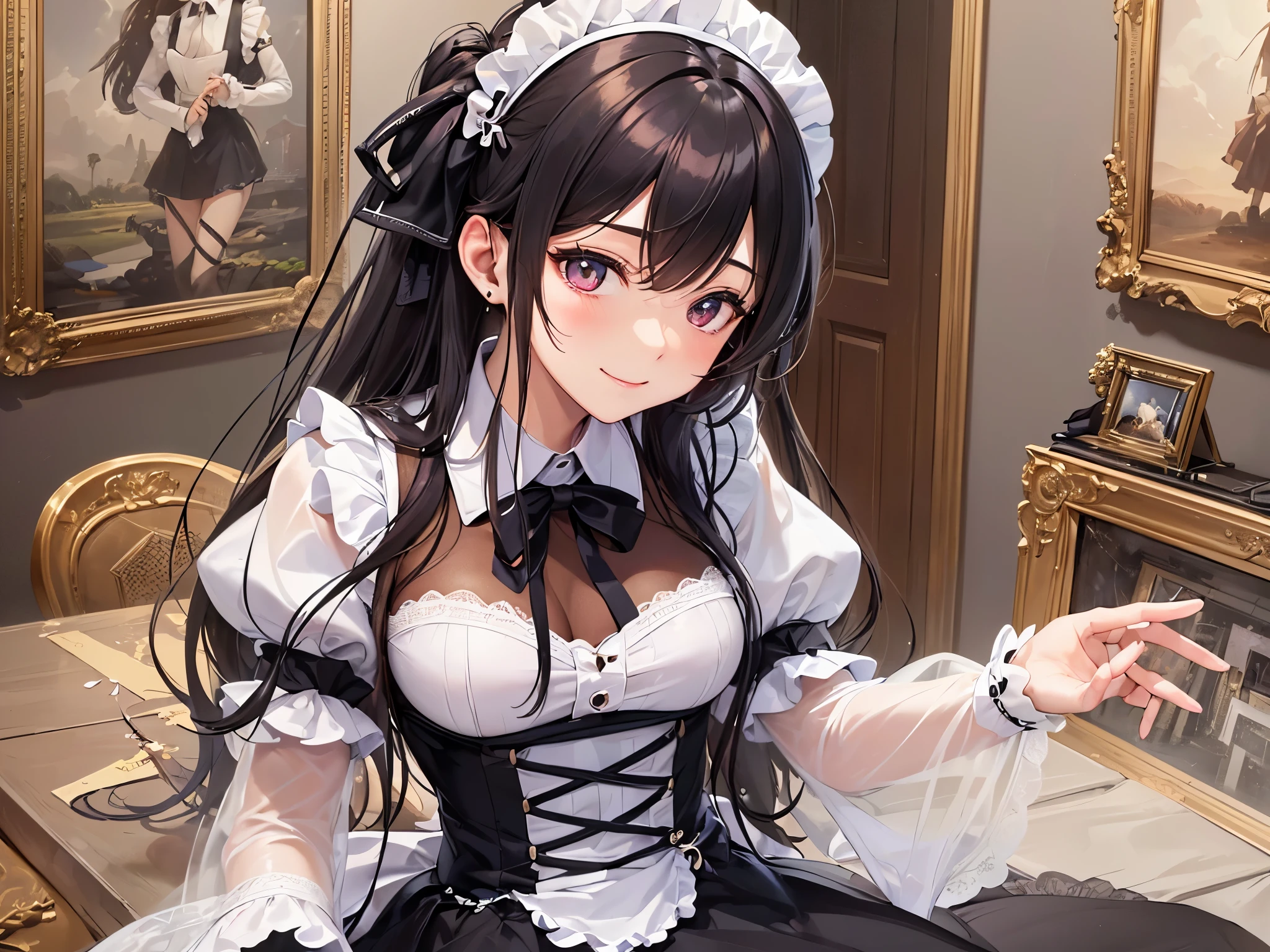 ((highest quality)),(ultra high resolution),(Super detailed),(detailed description),((best CG)),(best work of art),super precision art,amazing drawing art,(Art with precise details:1.5), (maid:1.6),(beautiful and well-shaped face:1.5)(cool beauty:1.4),,(緻密で詳細に描写されたmaid服:1.6),smile:1.5,clear,clean, Luxurious furniture
