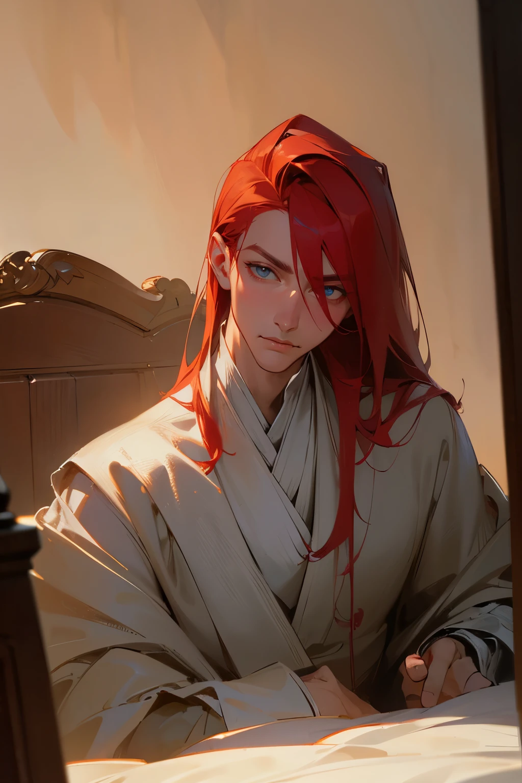 Masterpiece, Best quality, Realistic, 1 man, (elegant duke:1.3)handsome, tall, detailed, sharp eyes, Pale skin, Red hair, blue eyes, tired eyes, stars in his eyes, brash, stubborn, self-righteous, egotist, ((dark bedroom:1.2)), Clutter in the room, lots of details, ((masculine:1.2)), strong, slight smile, dtalesized light background, detailed lighting, highlights, (Sakimical Frank Franchetta, Heise Jinyao)