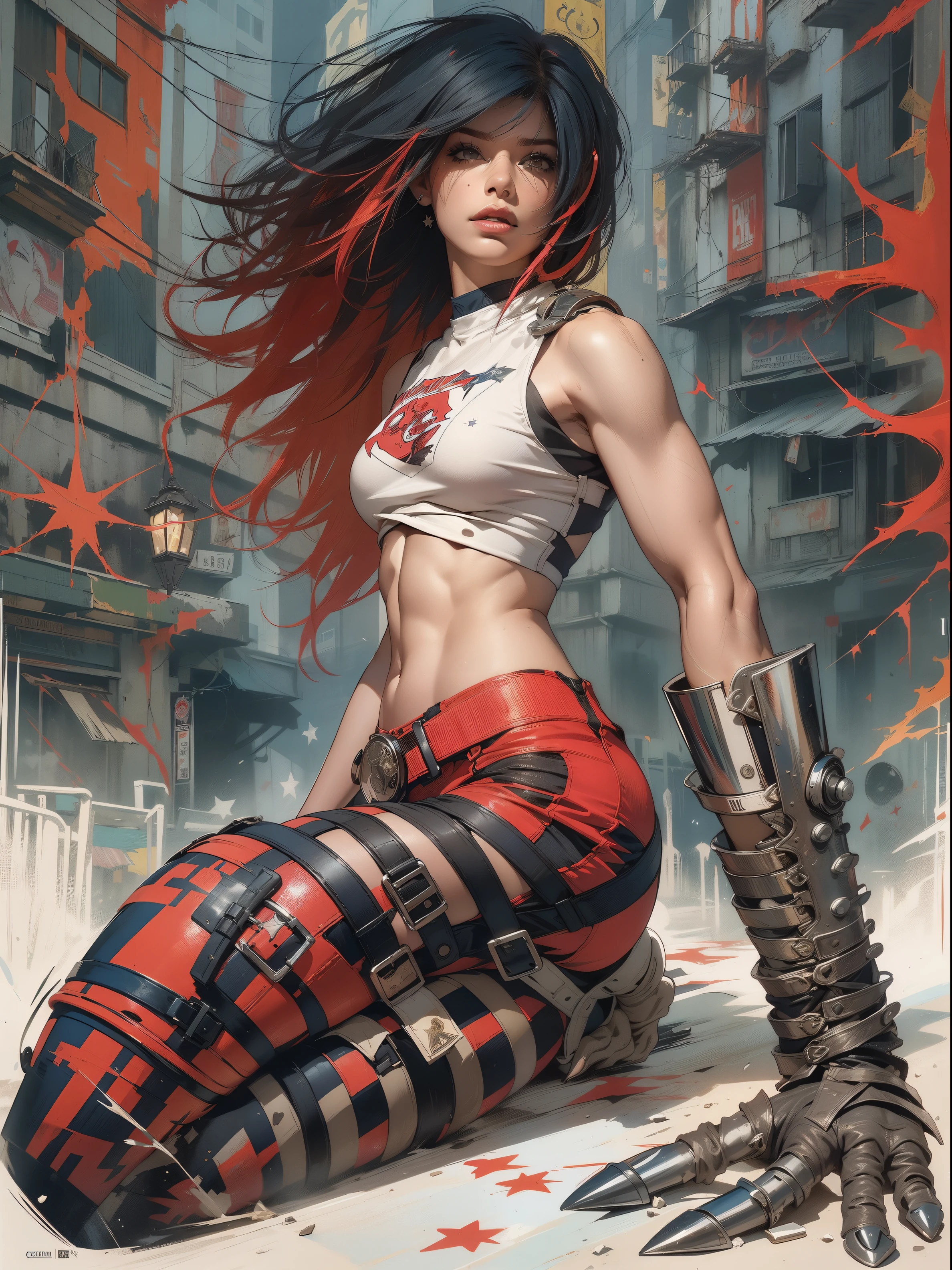 (((mulher))), (((melhor qualidade))), (((obra prima))), (((adulto))), (((1girl))), ((( corte de cabelo bob ))), Uma gladiadora cyberpunk mulher de 25 anos com corpo perfeito, shoulder pads with metal spines, Gladiadores do Brooklyn, (( corte de cabelo bob )), tiny leather panties, camiseta de time de rugby rasgada, quase nua no estilo selvagem urbano de Simon Bisley para a capa da revista Heavy Metal, Cabelo loiro curto, Minimum clothing, Metal protection on the left arm with intricate graphics, Dark red with white stars and white and navy blue checkerboard pattern, armadura, cheio de pontas e rebites, (((do joelho pra cima))), cabelos loiro branco curto, no fundo uma parede pintada por Shepard Fairey com um design intrincado
