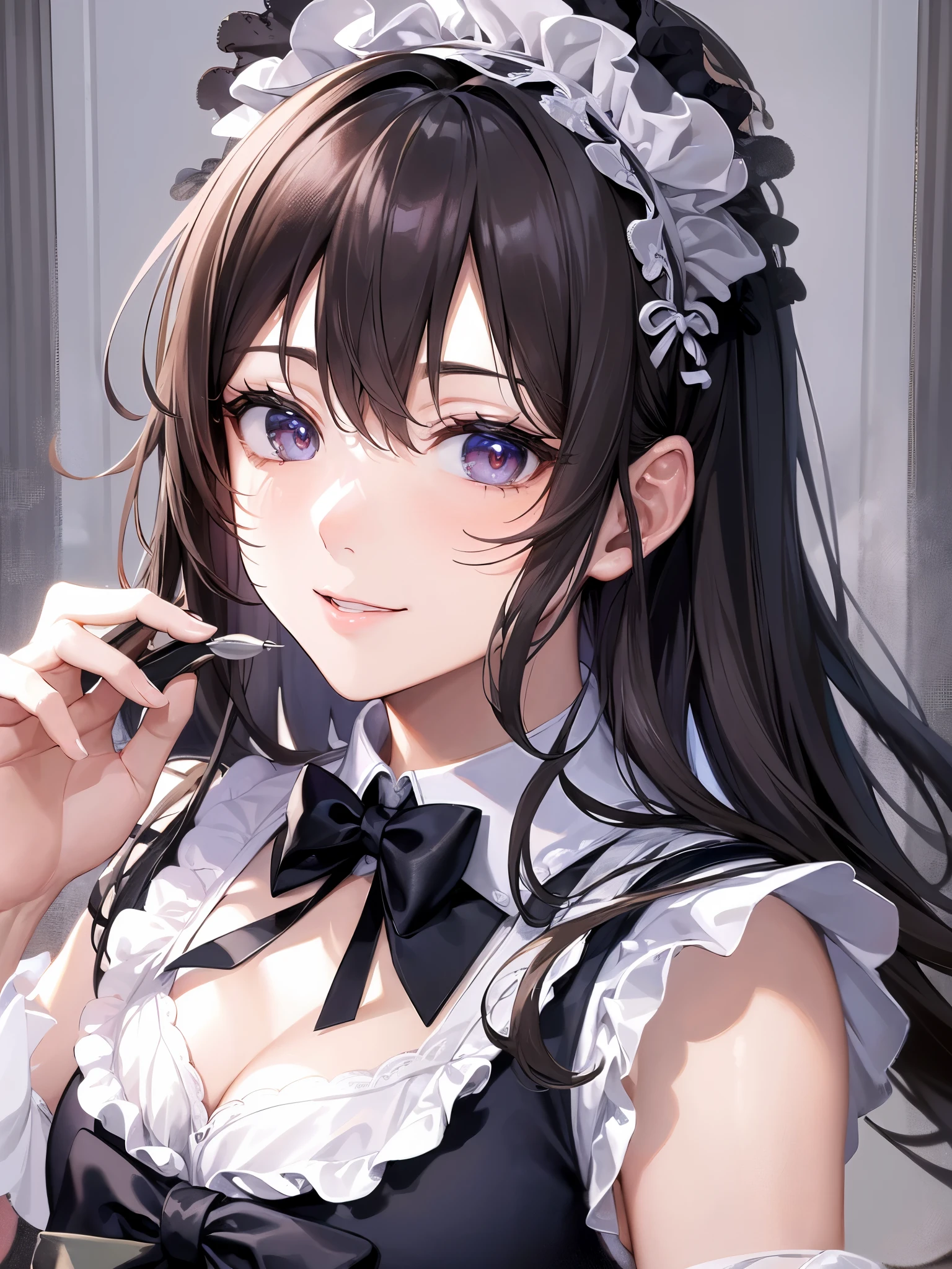 ((highest quality)),(ultra high resolution),(Super detailed),(detailed description),((best CG)),(best work of art),super precision art,amazing drawing art,(Art with precise details:1.5), (maid:1.6),(beautiful and well-shaped face:1.5)(cool beauty:1.4),,(緻密で詳細に描写されたmaid服:1.6),smile:1.5,clear,clean, Luxurious furniture