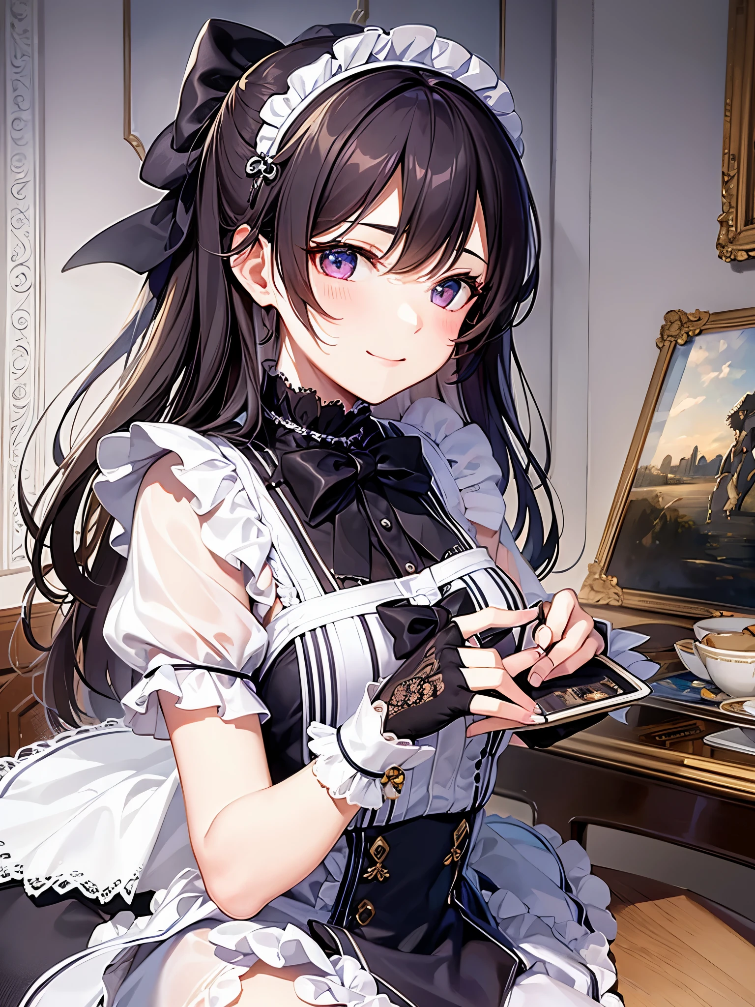 ((highest quality)),(ultra high resolution),(Super detailed),(detailed description),((best CG)),(best work of art),super precision art,amazing drawing art,(Art with precise details:1.5), (maid:1.6),(beautiful and well-shaped face:1.5)(cool beauty:1.4),,(緻密で詳細に描写されたmaid服:1.6),smile:1.5,clear,clean, Luxurious furniture