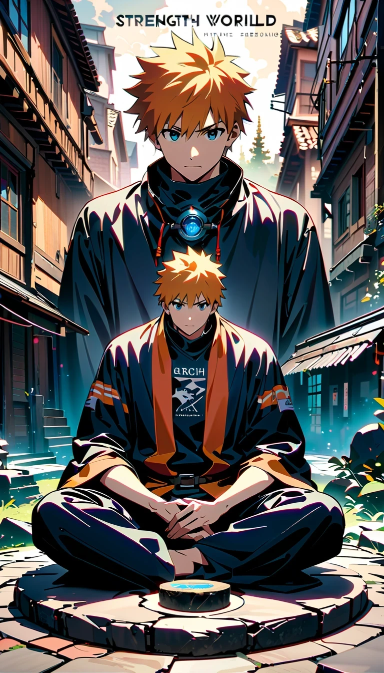 whole body, Kurosaki Ichigo, die worldview, orange hair, Grim Reaper costume, Sword holding posture, High-resolution digital art, 2.5D CGI技术, High quality details, Strength and determination, Yang Jie style, meditative rock scene, In-depth character description, 4K visual experience, Kurosaki Ichigo Characteristics, advanced art technology, world architecture perspective, Character display, aesthetic photography art, descriptive details, About the ultimate sense of reality, art style imitation, character building, Plot world description, environmental details, Character emotional expression, "die" Cultural atmosphere.