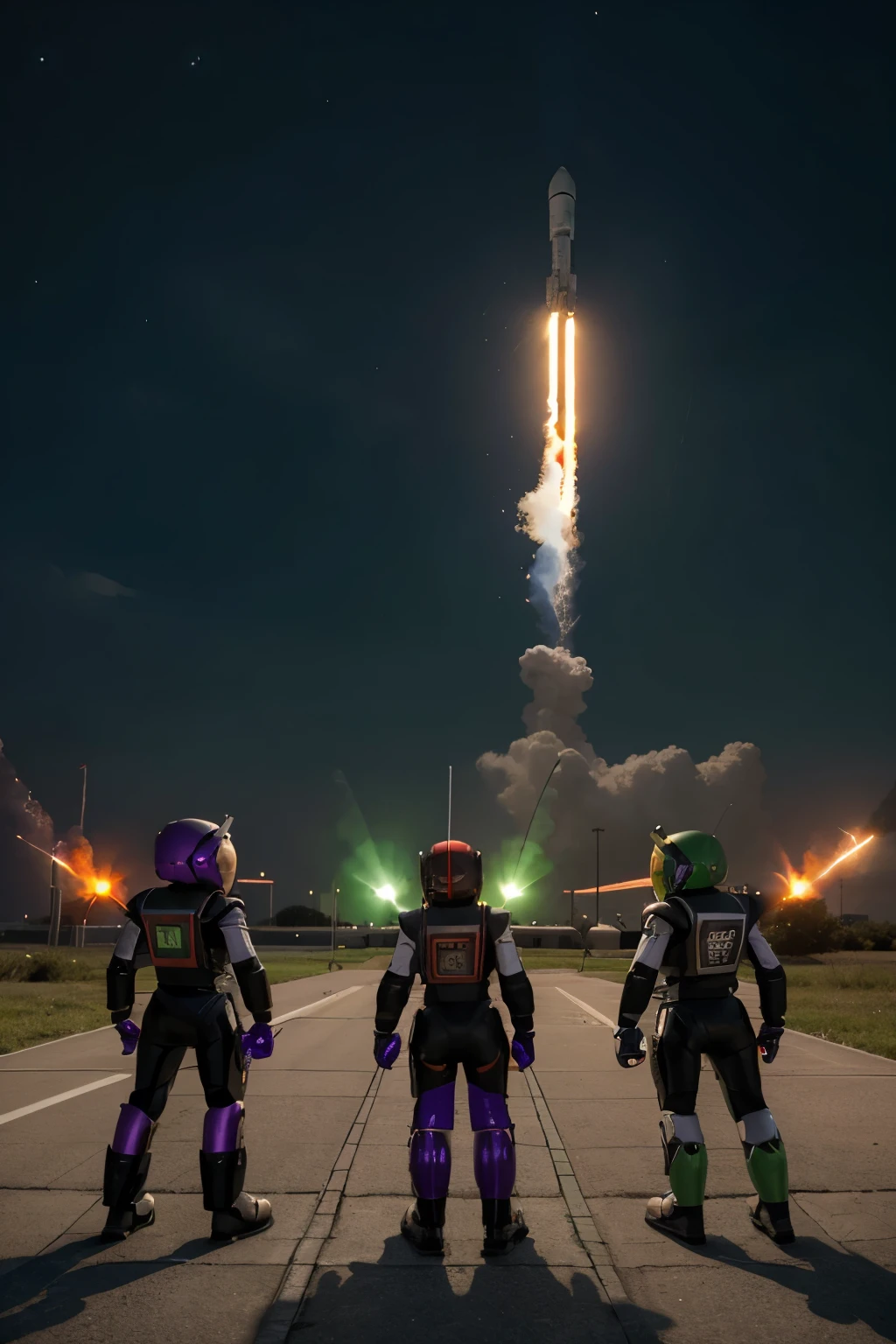 3 extraordinary rockets ready to take off in three different colors, the first green, the second red and black, the third purple in a futuristic universe with small robots