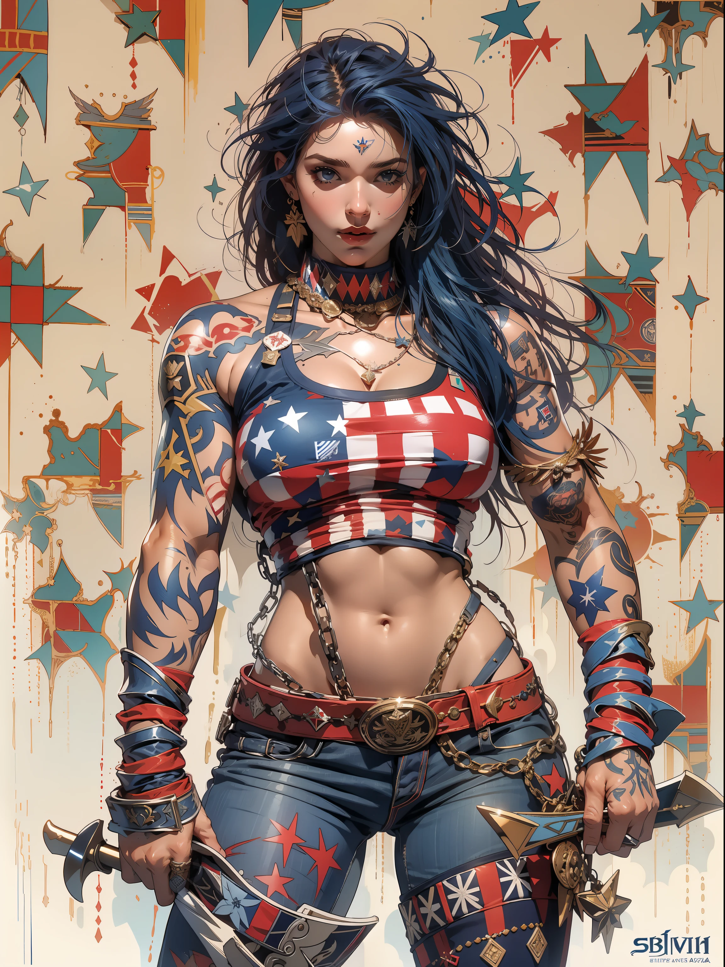 (((mulher))), (((melhor qualidade))), (((obra prima))), (((adulto))), Uma guerreira mulher de 35 anos com corpo perfeito, Gladiadores do Brooklyn, (( sob os peitos )), quase nua no estilo selvagem urbano de Simon Bisley para a capa da revista Heavy Metal, cabelo loiro, Minimum clothing, Dark blue with white stars and red and white checkerboard pattern, armadura, cheio de pontas e rebites, tatuagem tribal, (((do joelho pra cima))), cabelo desalinhado