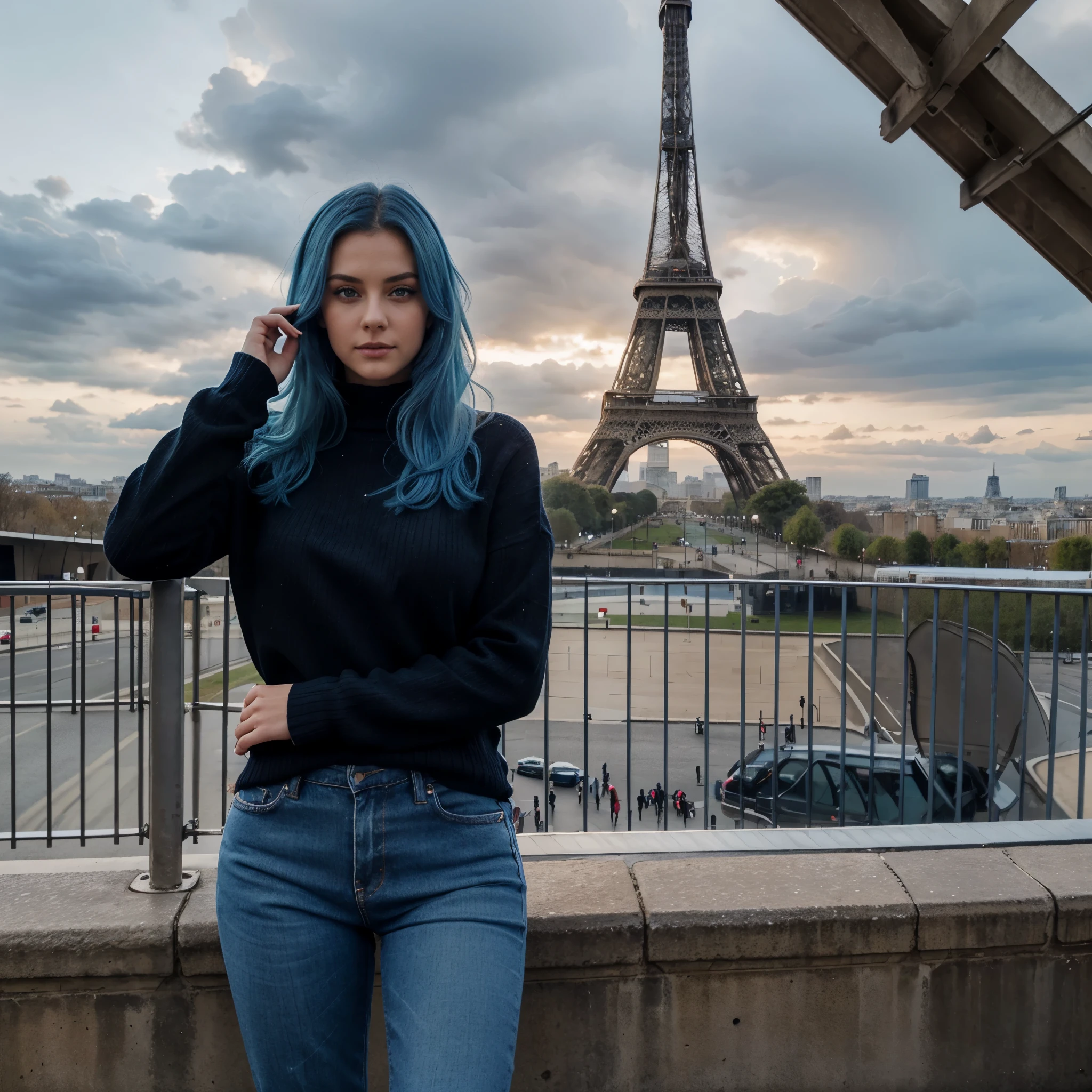 a beautiful young woman, blue hair, blue eyes, in a black sweater and jeans, posing for a photo near the Eiffel Tower, on a cloudy day