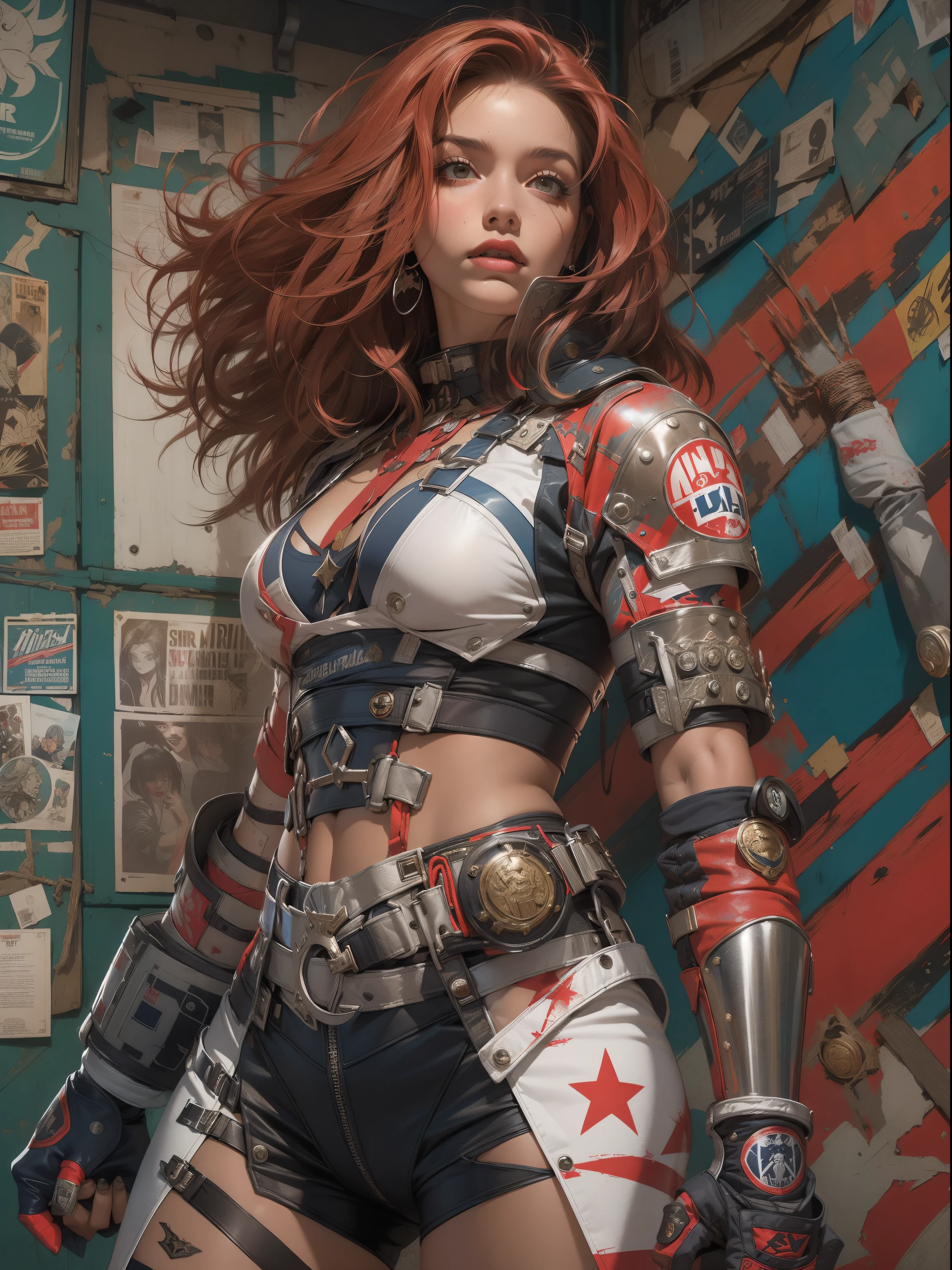 (((mulher))), (((melhor qualidade))), (((obra prima))), (((adulto))), (((1girl))), ((( corte de cabelo bob ))), Uma gladiadora cyberpunk mulher de 25 anos com corpo perfeito, shoulder pads with metal spines, Gladiadores do Brooklyn, (( corte de cabelo bob )), tiny leather panties, camiseta de time de rugby rasgada, quase nua no estilo selvagem urbano de Simon Bisley para a capa da revista Heavy Metal, Cabelo loiro curto, Minimum clothing, Metal protection on the left arm with intricate graphics, Dark red with white stars and white and navy blue checkerboard pattern, armadura, cheio de pontas e rebites, (((do joelho pra cima))), cabelos loiro branco curto, no fundo uma parede pintada por Shepard Fairey com um design intrincado