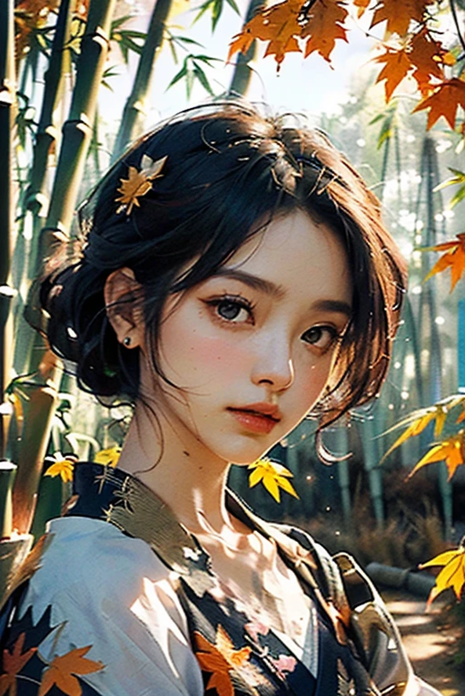 A beautiful and delicate girl, Purple tone style，standing on the street，Clear and beautiful, focus on the character, radiant skin, Miss, 20 years old, ((长long绿色hair：2))，beautiful green glass hair, ((Japanese style shrine clothing, metal armor）），((Autumnal，Orange maple leaves bamboo forest))，Beautiful details, cold face,  beautiful and delicate eyes, mature skin, Very good 8KCG wallpaper, official art， super detailed， masterpiece， best quality， （zen entanglement， Tangled）（fallen flowers：1.2）， Detailed face，expression of stoicism，dynamic poses，绿色飘逸的hair，Classical era，（"古Rome" theme：1.1），Rome mythology，Rome，meteor，starry sky，Milky Way，（original photo，best quality），（realistically，Real shot：1.3），best quality，Very detailed，masterpiece，super detailed，Enlightenment，Body的上半部分_Body，dynamic angle，世界masterpiece剧院，messy_long_hair，best quality，amazing，movie lighting，lens_flare，
