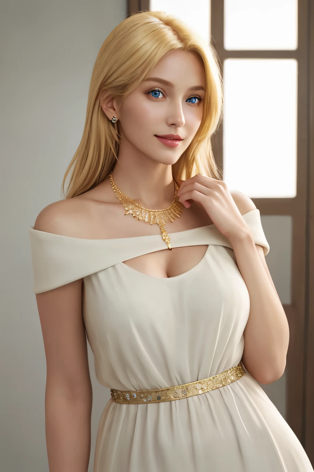 Realistic woman with model profile, blonde hair cascading down her shoulders, clear eyes sparkling with a sweet and inviting smile, and a tattoo adorning her upper arm. Dressed in a form-fitting outfit that accentuates her figure, she accessorizes with a delicate fine gold necklace and a stylish designer watch. Captured under soft, flattering light, every detail of her features is highlighted with authentic skin texture, showcasing her beauty in the highest quality, masterpiece, ultra high resolution image. (photorealistic:1.4), raw photo, (Authentic skin texture:1.3), Captured in a close-up shot, her detailed eyes with express