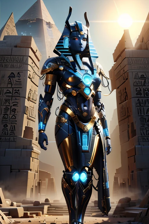 Egyptian goddess walking in ancient Egypt、Cyborg of complex technology , Remote pyramids and ancient Egyptian cities、cyber-、Light and shadow、blue light、