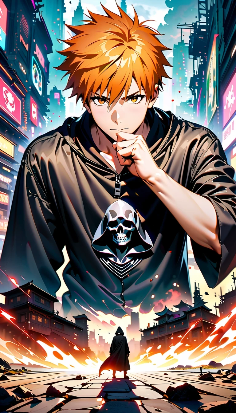 whole body, Kurosaki Ichigo, die worldview, orange hair, Grim Reaper costume, Sword holding posture, High-resolution digital art, 2.5D CGI技术, High quality details, Strength and determination, Yang Jie style, meditative rock scene, In-depth character description, 4K visual experience, Kurosaki Ichigo Characteristics, advanced art technology, world architecture perspective, Character display, aesthetic photography art, descriptive details, About the ultimate sense of reality, art style imitation, character building, Plot world description, environmental details, Character emotional expression, "die" Cultural atmosphere.