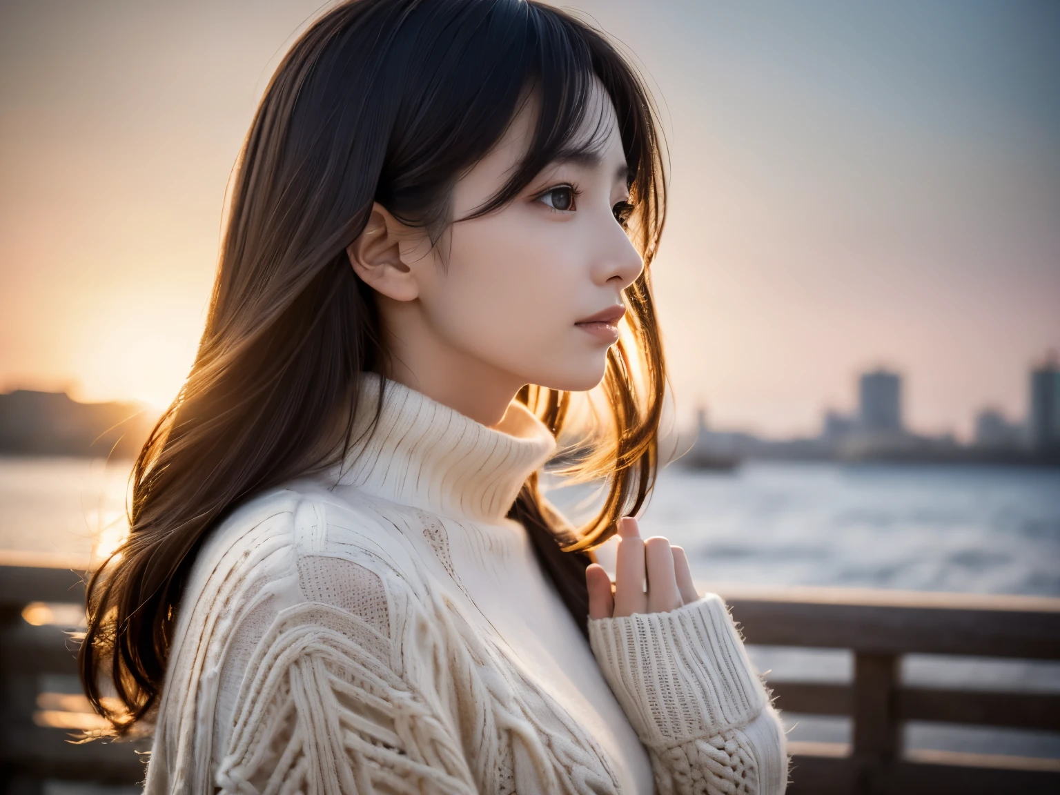 (Profile of a woman), (praying to sunset), (knitwear)、(top-quality,​masterpiece:1.3, Super high resolution), (ultra-detailliert,Caustics),(Photorealsitic:1.4,RAW shooting,)Ultra-realistic capture, A highly detailed, high-definition 16K for human skin, One Woman, Japanese, kawaii, A dark-haired, Middle hair,