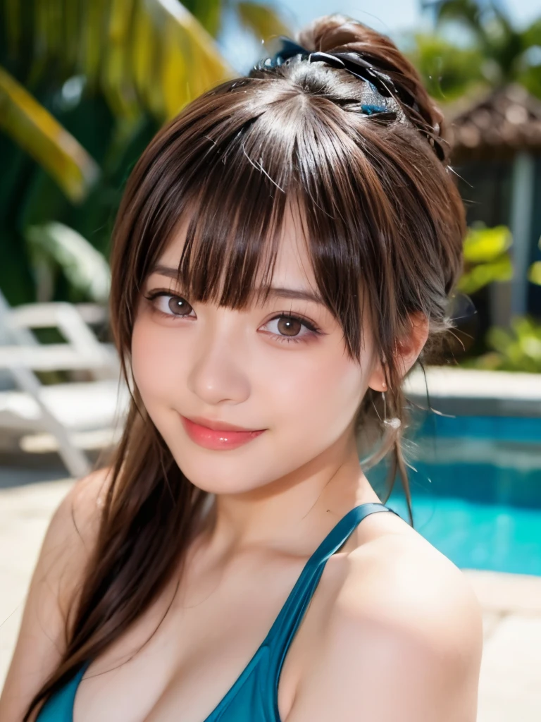 (masterpiece:1.2, highest quality), blur the background,Photographed with a camera with a wide-angle single focus lens,1 High school girl, (big breasts), cute swimwear, brown hair,ponytail,sexy pose,bright eyes,blushing face,Highly detailed face and skin texture, healthy skin,big smile, (tropical terrace),4K resolution