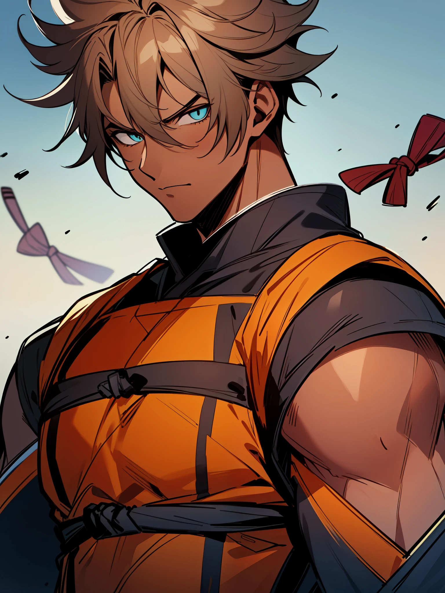 ((brown hair)), ((ninja)), ((bodysuit)), ((dark skin)), ((serious expression)), ((shinobi clothing)), ((muscular build)), (((complementary colors))), ((mature male)), 1boy, beautifully drawn, high resolution illustration, best quality, High definition, ((detailed anime sketch)), Masterpiece, (solo), absurdres, portrait, ((upper body)), ((wild hair)), detailed background, fine detail, male focus, HDR, ((short hair))