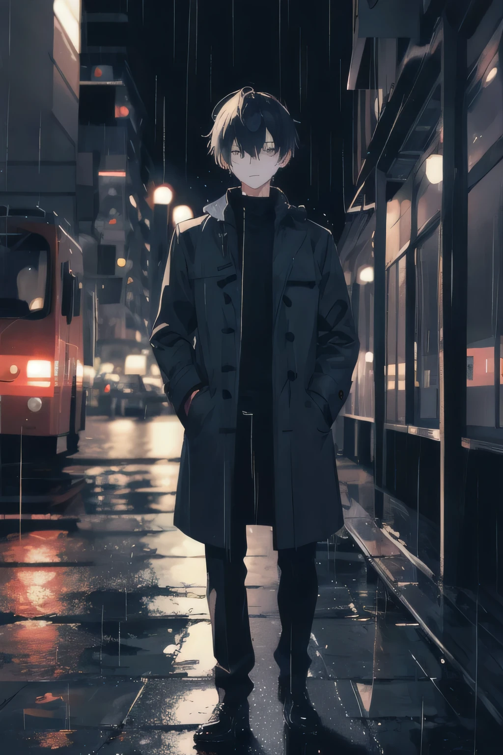 Boy,night city,rain,coat,hands in pockets