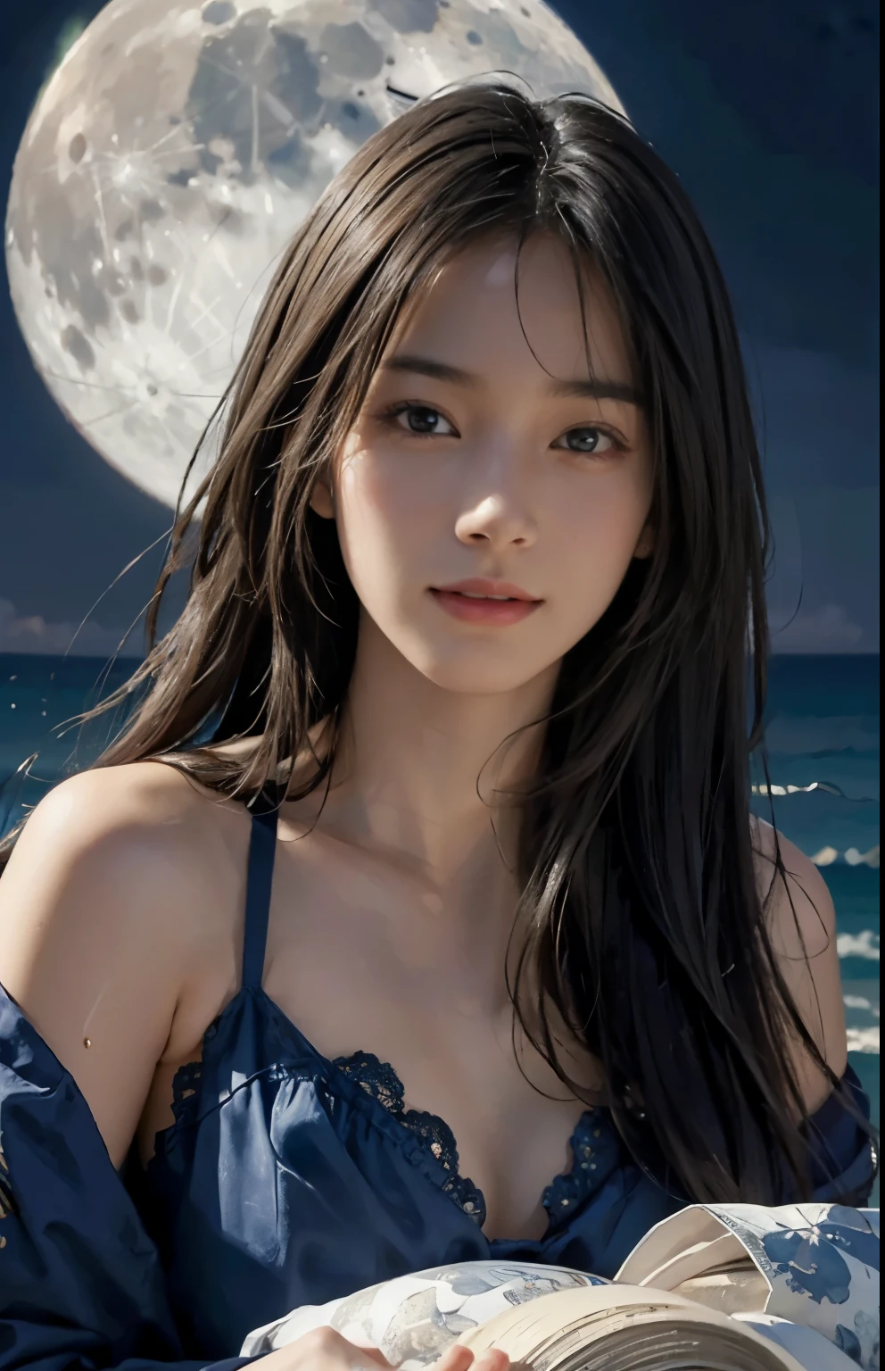 (A hyper-realistic), (illustration), (hight resolution), (8K), (highly detailed), (The best illustrations), (beatiful detailed eyes), (top-quality), (ultra-detailliert), (masterpiece), (detailed face), droopy eyes,full of sweat, slender body, long hair,inner colored,solo,Girl in simple dark bikini, huge , smile, ocean at night, moon