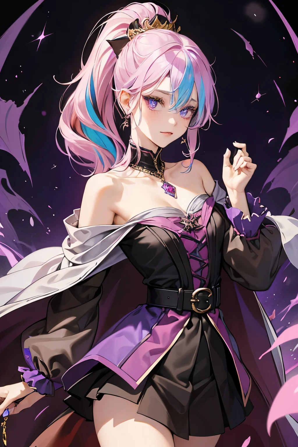 Vampire Queen Small Breast Combat Dress (Royal Cloak: 1.1) Black and Purple Color Sexy Devil Aura Original Character Masterpiece Tempting Purple Eyes (Multicolor High Ponytail 1:1.2) Purple Gemstone Accessories Gold Belt, Gold Necklace, Wind Evil Effect, Soft Moonlight , extremely delicate beautiful eyes, unique crown, (Corruption Tattoo 1;1.25), naughty face, 16k, gorgeous, bare shoulders, cute, petite, solo (?), stars, stardust, (iridescent hair, colorful hair, half purple and half pink hair: 1.2), (left eye purple and right eye golden)