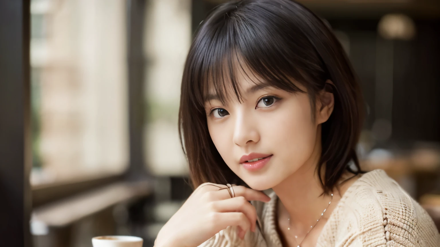 (table top,highest quality)), (realistic:1.4),(((table top,8K)),Cafe,(Stylish interior),((full body photo))),Photographed in natural light,Highly detailed face and skin texture,highly detailed lips,correct state of the human body,ultra high resolution,(Photoreal:1.4),highest quality, 1 beautiful woman, 38 years old, s, 60mm lens, light beige knit,(medium hair),japanese woman,(black hair),various poses,looking at camera,natural lip color, necklace