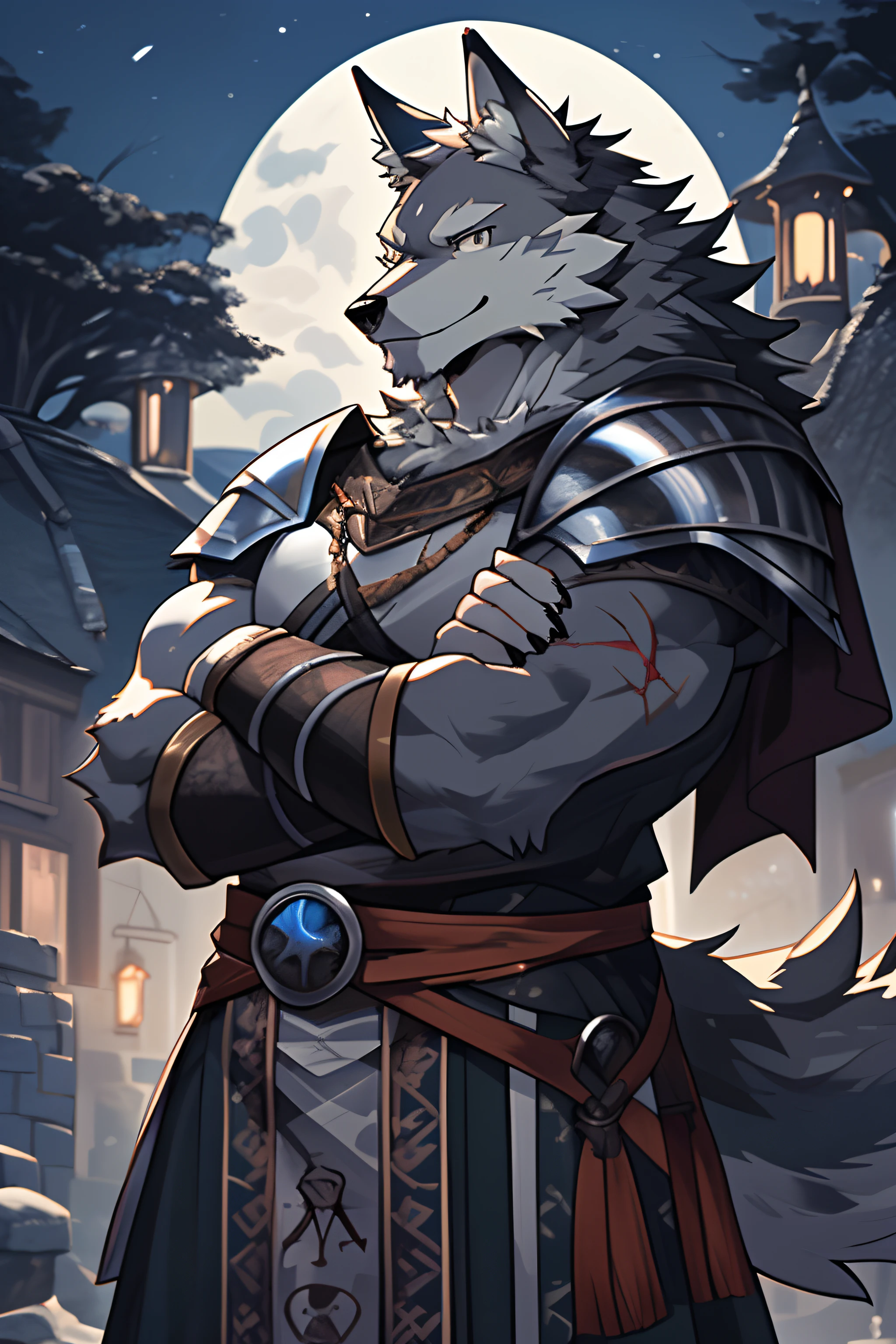 knight sword, (best quality), (masterpiece), (Super detailed), sharp focus, Negi, eyes, black eyes, watching_exist_audience, Stand with arms crossed, Smile, hairy, animal_Wolf_ear, light white fur, brown fur, black beard, Upper body, Humanity (Wolf), male, (Wolf), middle aged, Scars on face and hands, gray body, white belly, muscular, knight costume, village, Super detailed face, low light, night, night vibes, Tree