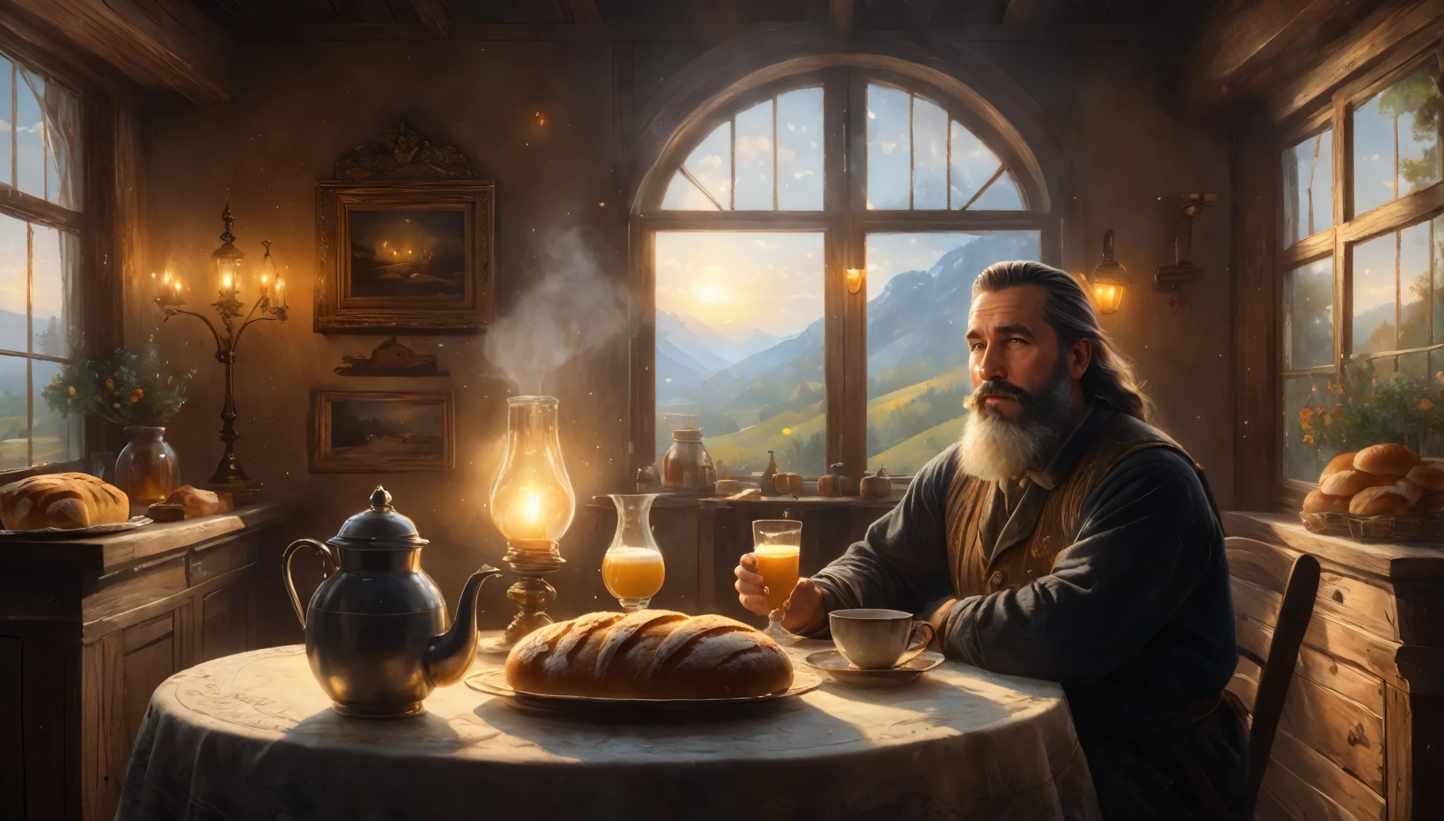 (best quality,4k,8k,highres,masterpiece:1.2), ultra-detailed, cozy room, bread, honey, milk, tea, man with beard, sitting center of the table, drinking milk, light from windows, detailed scene, Midjourney effect, Russian painter style
