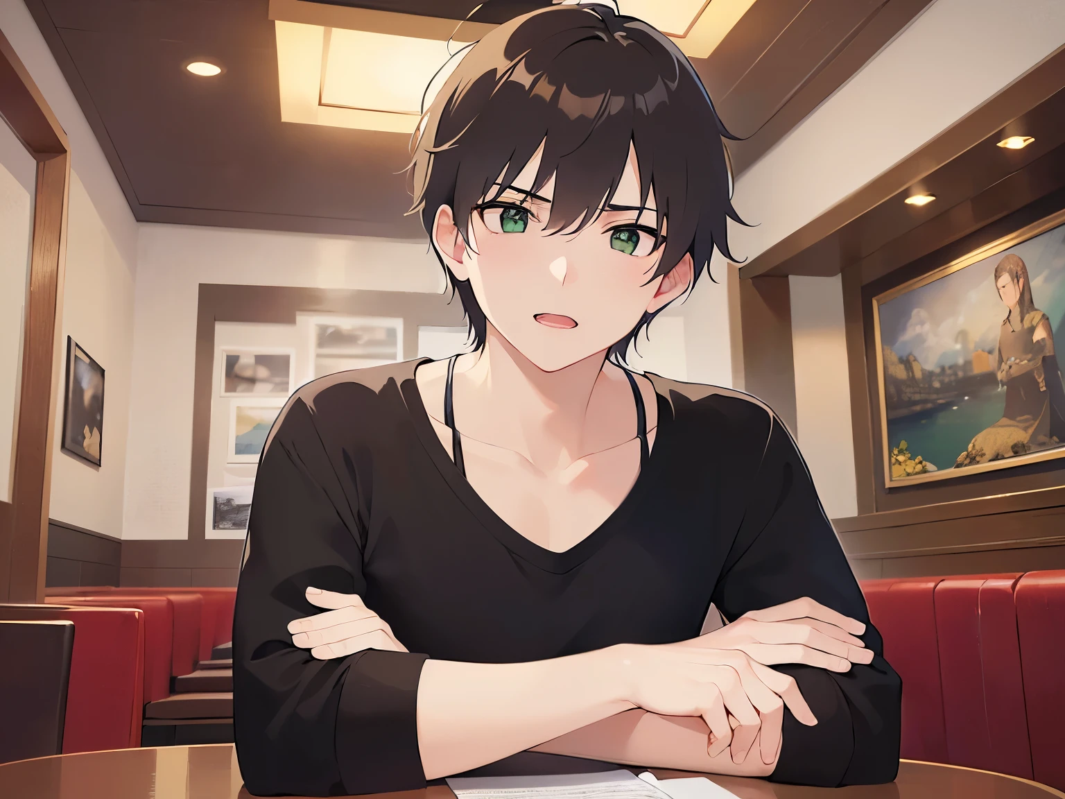 masterpiece、highest quality、(25 year old male:1.5) and (brown short hair) and (green eyes), (plain black t-shirt) and (long sleeve)、serious expression、open mouth, sitting、The background is the interior of a restaurant at night.、(Alone:1.5)、Upper body is shown、