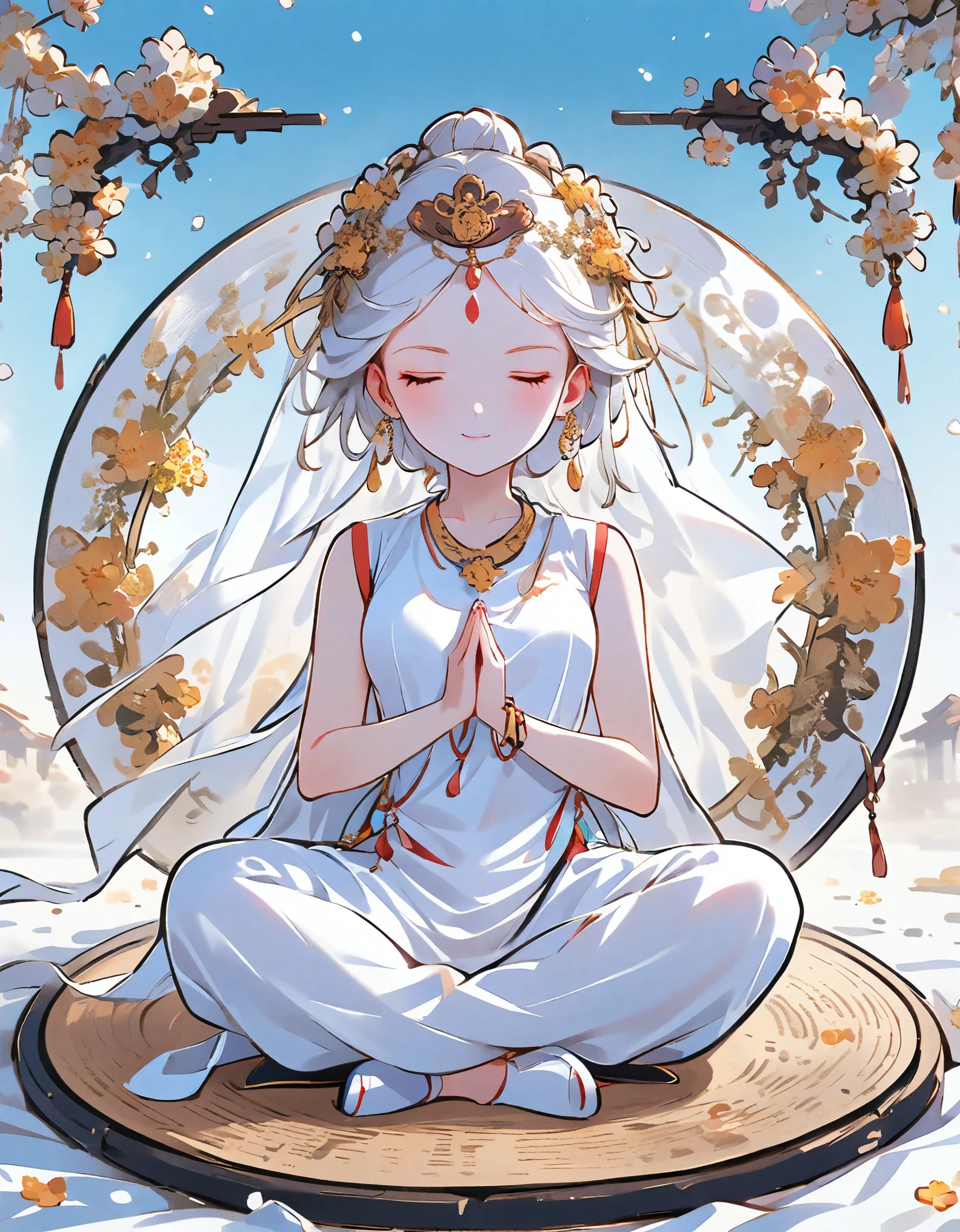 (1 female Bodhisattva:1.4) sitting on Round straw mat, (indian style:1.3), sitting in straw mat, (Round straw mat:1.3), (Meditation position:1.3), (Raise hands, crossed hands, Prayer position:1.3), dignified and beautiful, wearing (white silk Buddha clothes:1.3), (white silk:1.3),has (white hair:1.2), (bun:1.2), french braid,white transparent veil, futon, closed eyes, jewelry, necklace, (Buddha beads:1.2), (White cloth shoes), White socks, (eromanga:1.2), (megami:1.2)