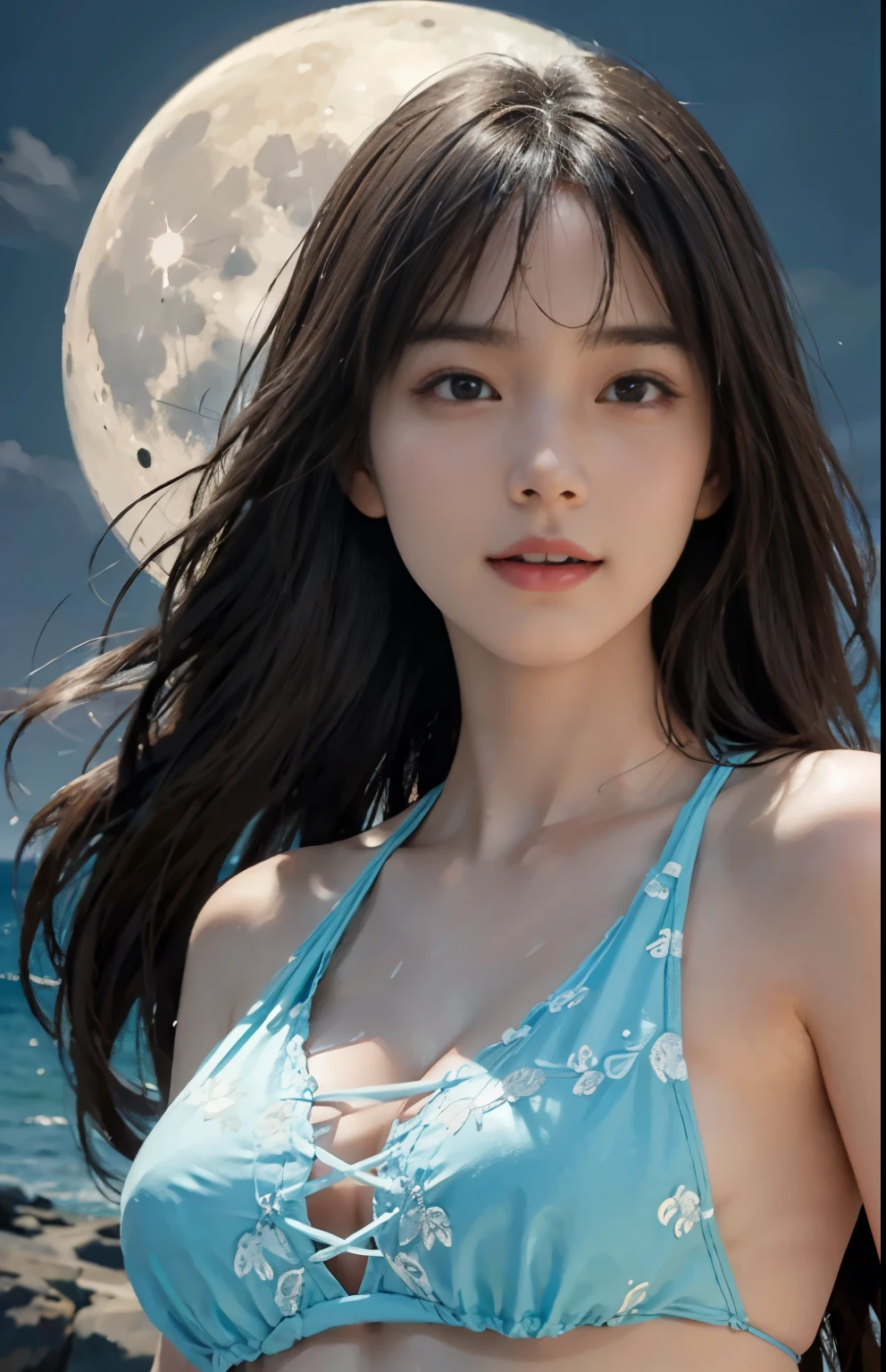 (A hyper-realistic), (illustration), (hight resolution), (8K), (highly detailed), (The best illustrations), (beatiful detailed eyes), (top-quality), (ultra-detailliert), (masterpiece), (detailed face), droopy eyes,full of sweat, slender body, long hair,inner colored,solo,Girl in simple dark bikini, huge , smile, ocean at night, moon