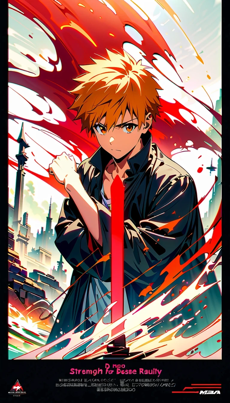 whole body, Kurosaki Ichigo, die worldview, orange hair, Grim Reaper costume, Sword holding posture, High-resolution digital art, 2.5D CGI技术, High quality details, Strength and determination, Yang Jie style, meditative rock scene, In-depth character description, 4K visual experience, Kurosaki Ichigo Characteristics, advanced art technology, world architecture perspective, Character display, aesthetic photography art, descriptive details, About the ultimate sense of reality, art style imitation, character building, Plot world description, environmental details, Character emotional expression, "die" Cultural atmosphere.