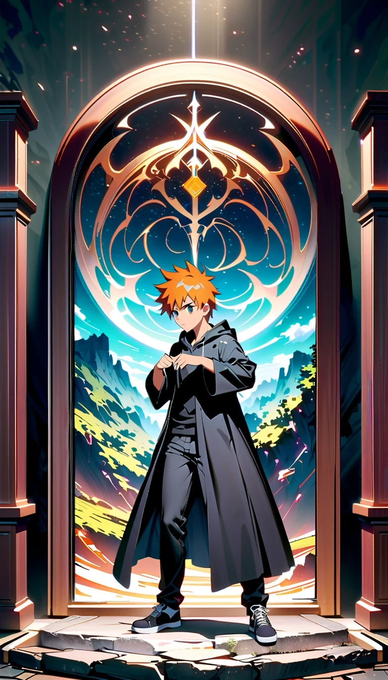 whole body, Kurosaki Ichigo, die worldview, orange hair, Grim Reaper costume, Sword holding posture, High-resolution digital art, 2.5D CGI技术, High quality details, Strength and determination, Yang Jie style, meditative rock scene, In-depth character description, 4K visual experience, Kurosaki Ichigo Characteristics, advanced art technology, world architecture perspective, Character display, aesthetic photography art, descriptive details, About the ultimate sense of reality, art style imitation, character building, Plot world description, environmental details, Character emotional expression, "die" Cultural atmosphere.