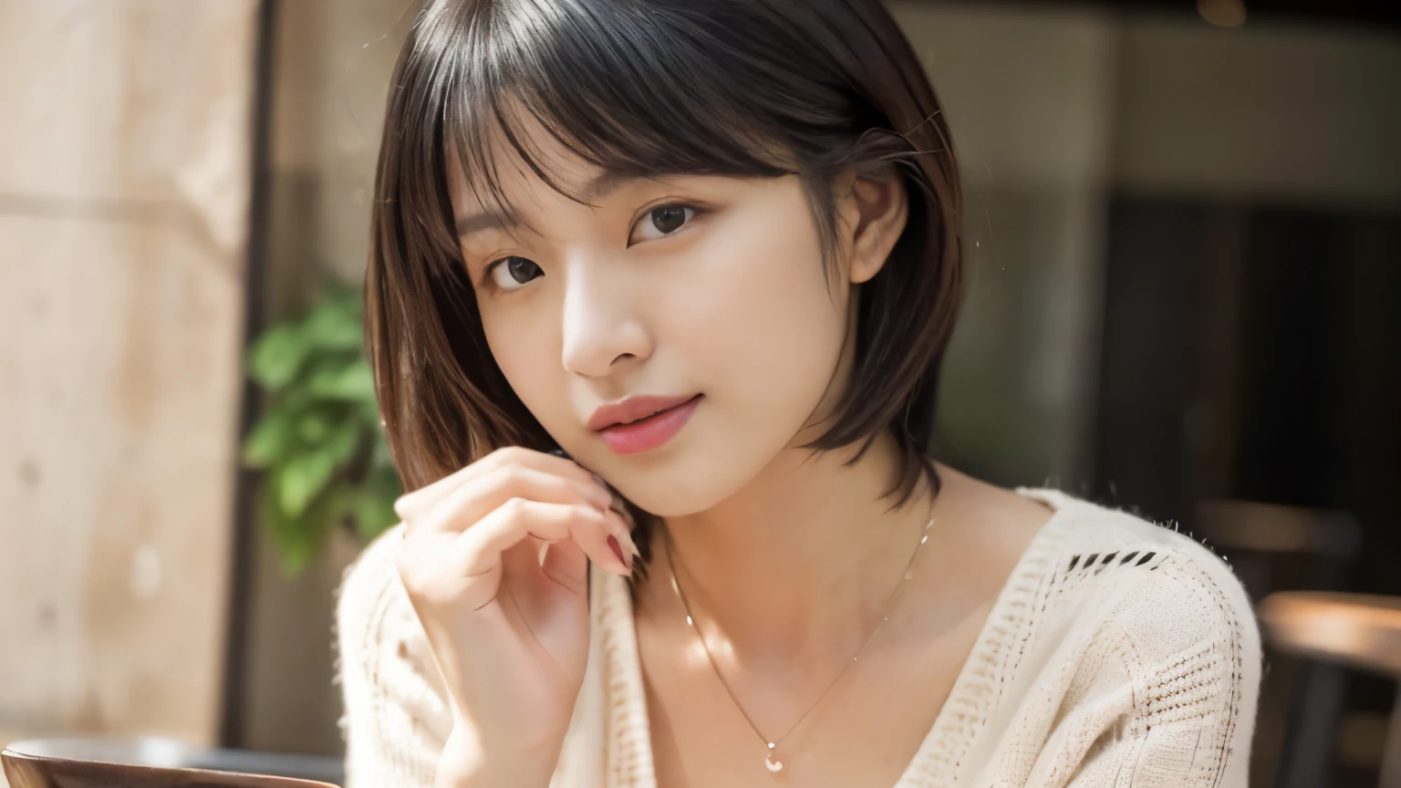 (table top,highest quality)), (realistic:1.4),(((table top,8K)),Cafe,(Stylish interior),((full body photo))),Photographed in natural light,Highly detailed face and skin texture,highly detailed lips,correct state of the human body,ultra high resolution,(Photoreal:1.4),highest quality, 1 beautiful woman, 38 years old, s, 60mm lens, light beige knit,(medium hair),japanese woman,(black hair),various poses,looking at camera,natural lip color, necklace