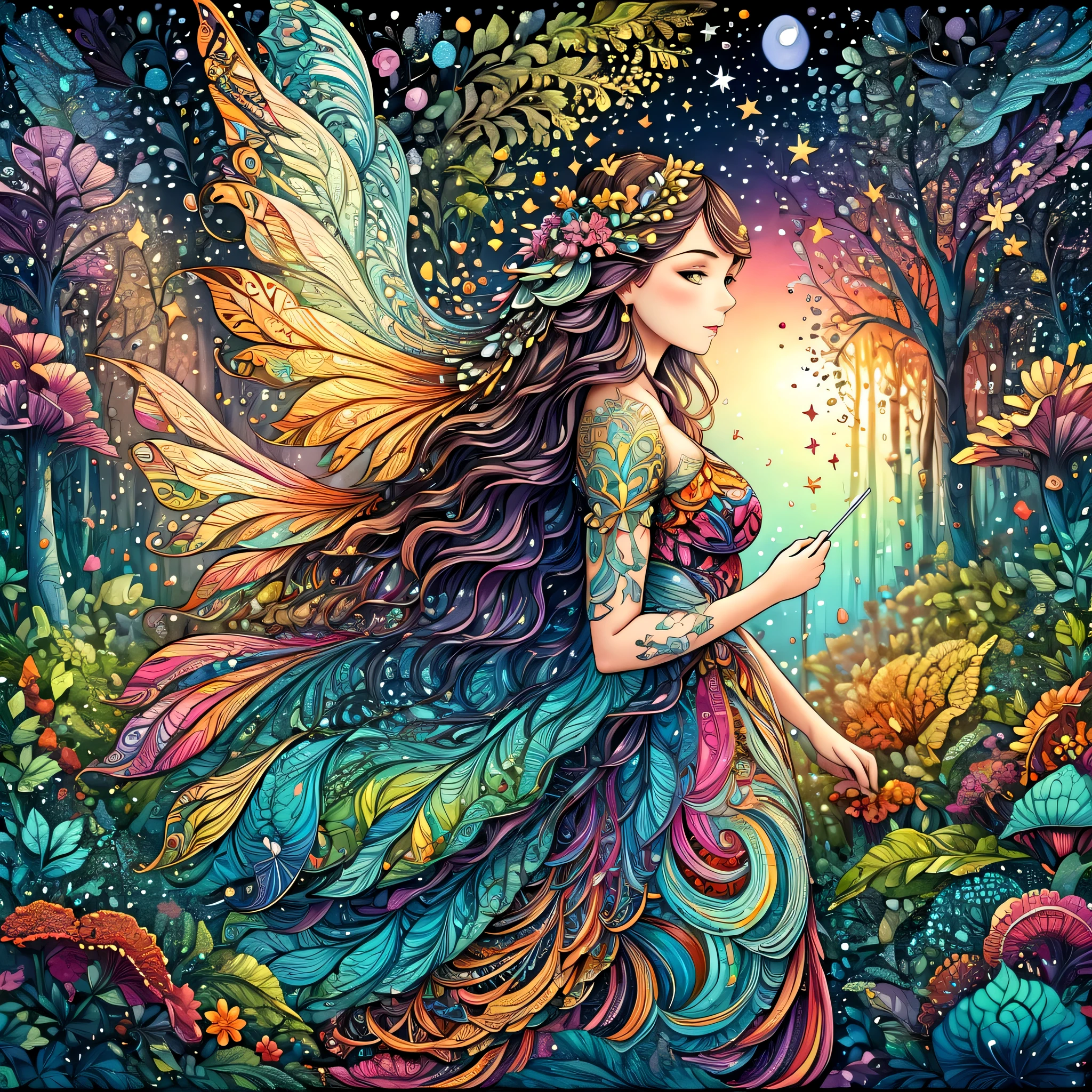 zentangle style painting:One girl with constellations and night sky,illustration style,draw with thick lines,detailed pattern,cute,pop,Gentle color,Cast colorful spells,nice background image,masterpiece,最高masterpiece,Light and shadow,draw carefully,fractal art,rendering,bright colors,fantasy,fancy,rendering,magic element,