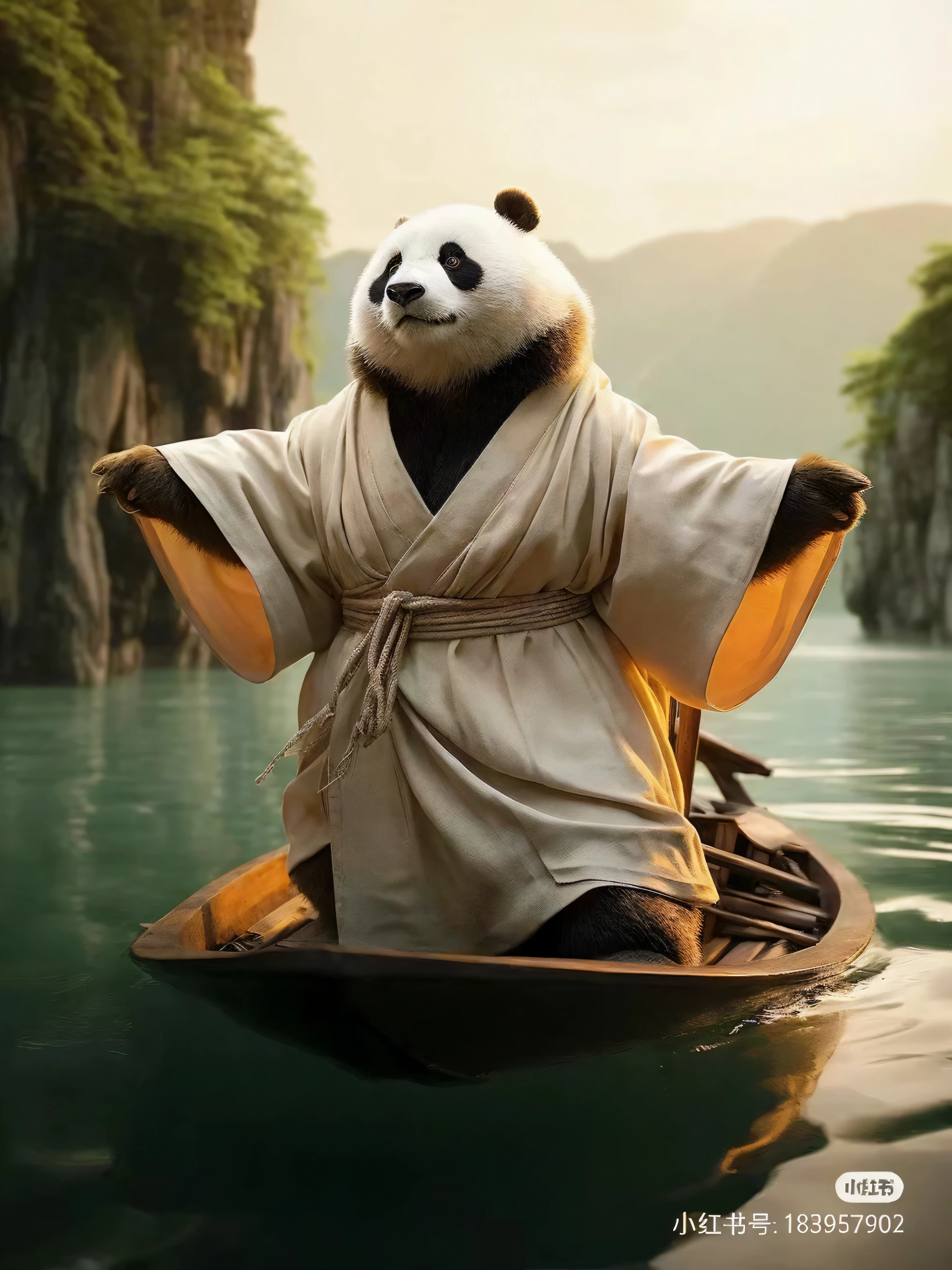 panda in a boat with a robe on in the water, kung fu panda, panda panda panda, panda, cute panda, tian zi, pan ren wei, inspired by Miao Fu, feng zhu |, floating in a powerful zen state, inspired by Shūbun Tenshō, inspired by Wu Wei, anthropomorphic samurai bear, hd wallpaper