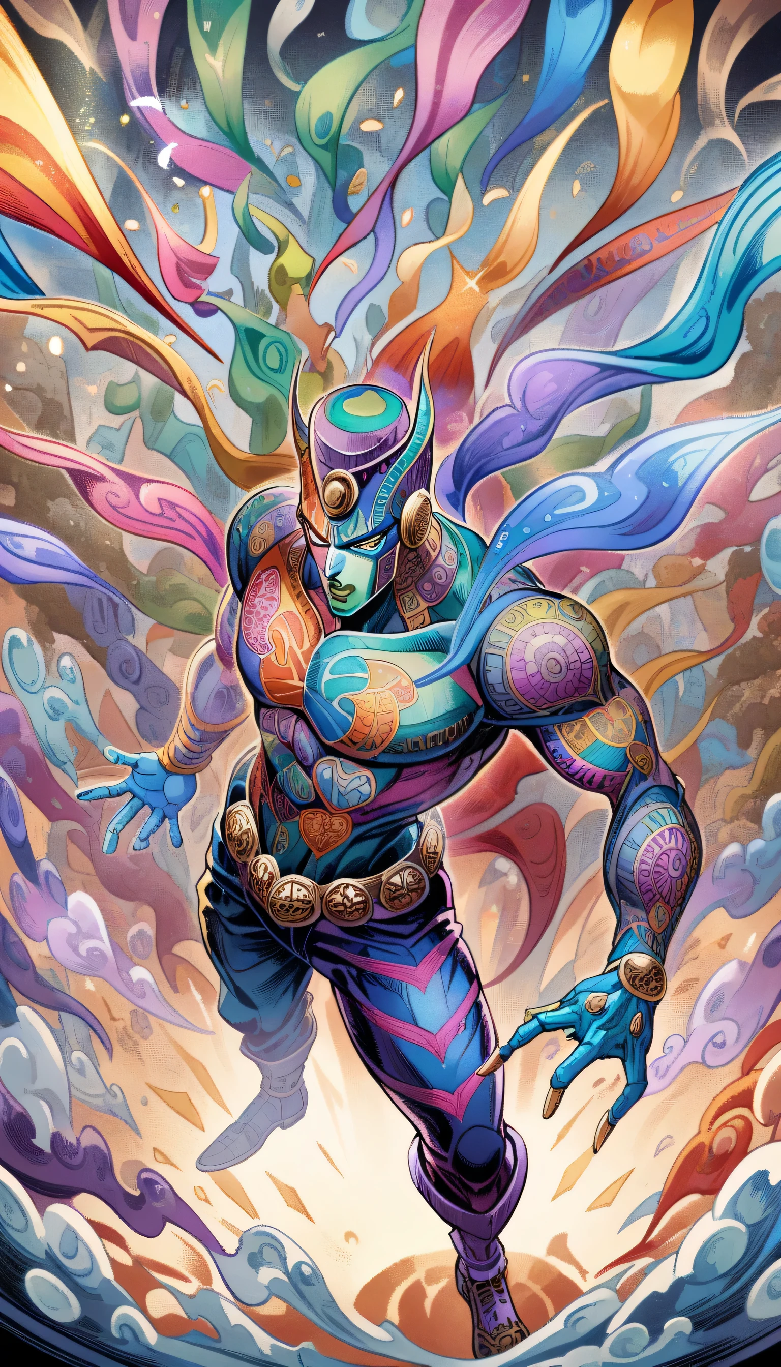 1 boy, stand, Jojo&#39;strange adventure, Jojo standing,Hirohiko Araki&#39;style,zentangle elements,rendering,rich colors,Cast colorful spells,intricate details,Highestの構図,perfect composition,An illustration,nice,Highest,Highestにクール,anatomically correct,structurally correct,draw with thick lines,characteristic,Composition viewed diagonally from above,Spirit,devil,shine,flash,さらにflash,characteristic