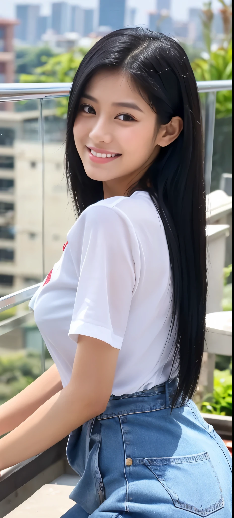 1 girl, indonesian girl, 23 years old, (black hair super-long 1 meters), (very beautiful face, very sweet, sharp eyes like an angel from heaven ), (beautiful hair), actress, smile, shiny skin, best quality, masterpiece, (photorealistic:1.4), terrace seating, asian, indonesian, jakarta, denim long skirt (realistic fabric), white short sleeves (cotton fabric), (no logo), thin fingers