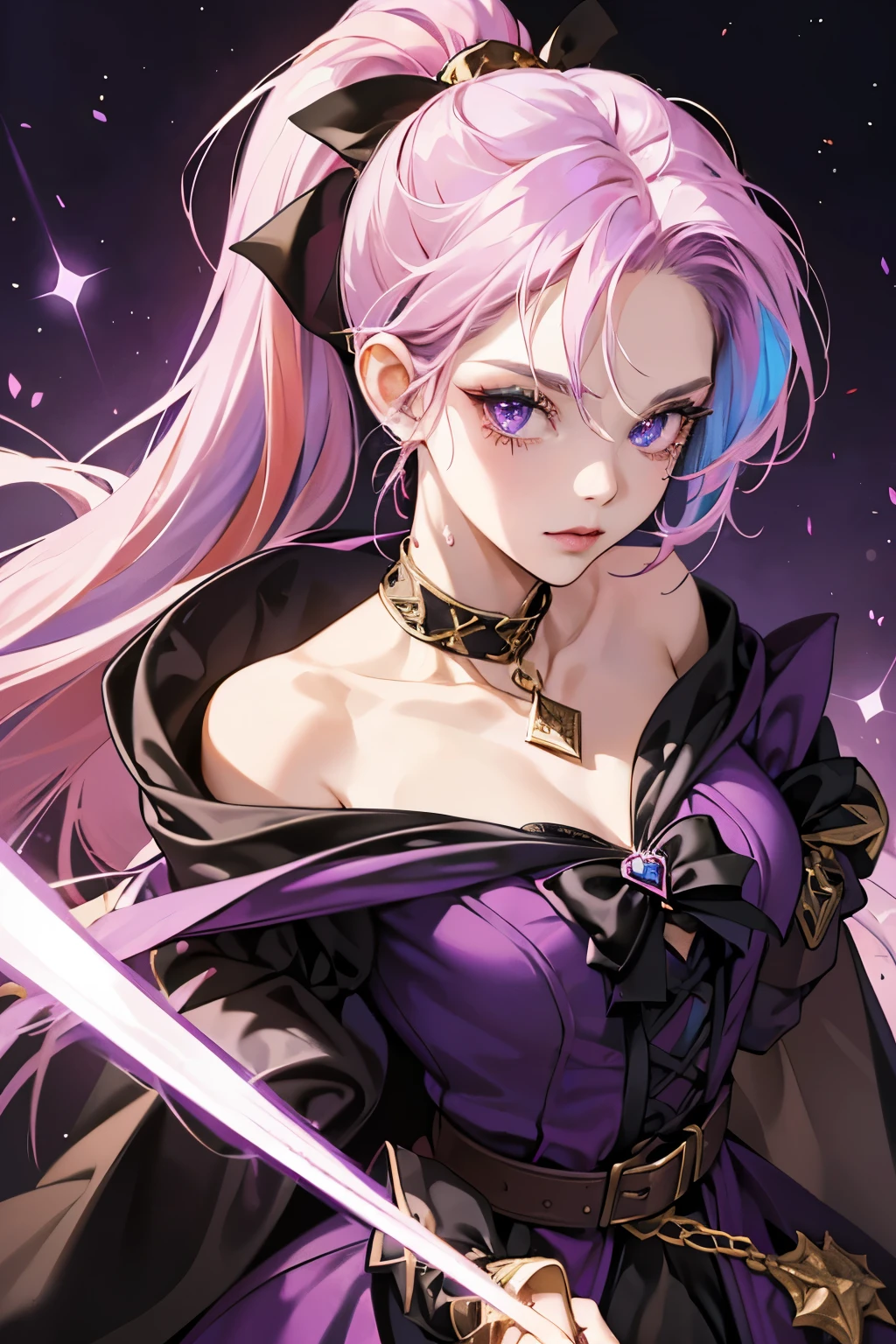 Vampire Queen Small Breast Combat Dress (Royal Cloak: 1.1) Black and Purple Color Sexy Devil Aura Original Character Masterpiece Tempting Purple Eyes (Multicolor High Ponytail 1:1.2) Purple Gemstone Accessories Gold Belt, Gold Necklace, Wind Evil Effect, Soft Moonlight , extremely delicate beautiful eyes, unique crown, (Corruption Tattoo 1;1.25), naughty face, 16k, gorgeous, bare shoulders, cute, petite, solo (?), stars, stardust, (iridescent hair, colorful hair, half purple and half pink hair: 1.2), (left eye purple and right eye golden), wet body detailed, holding weapon